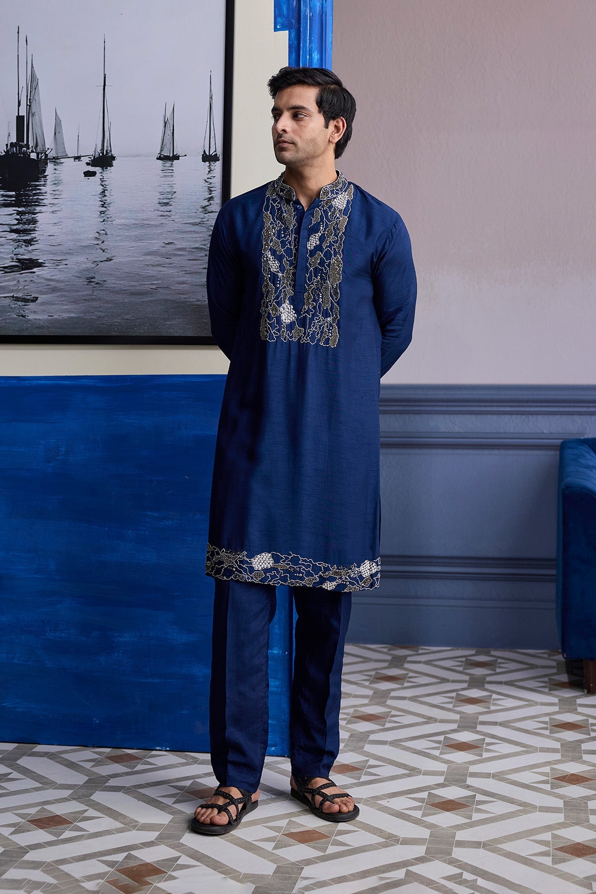 Dark Blue Abstract Emboidered Kurta With Solid Pants