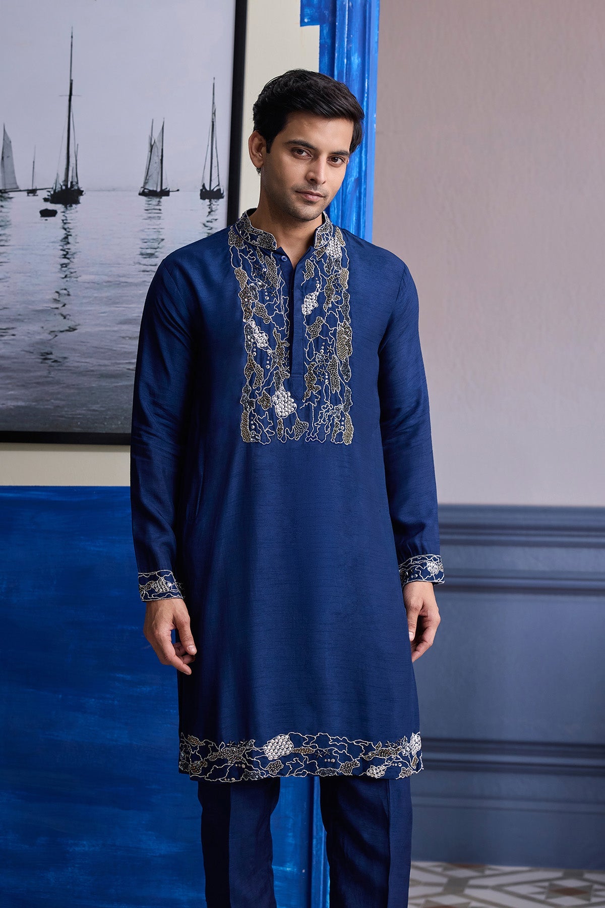 Dark Blue Abstract Emboidered Kurta With Solid Pants