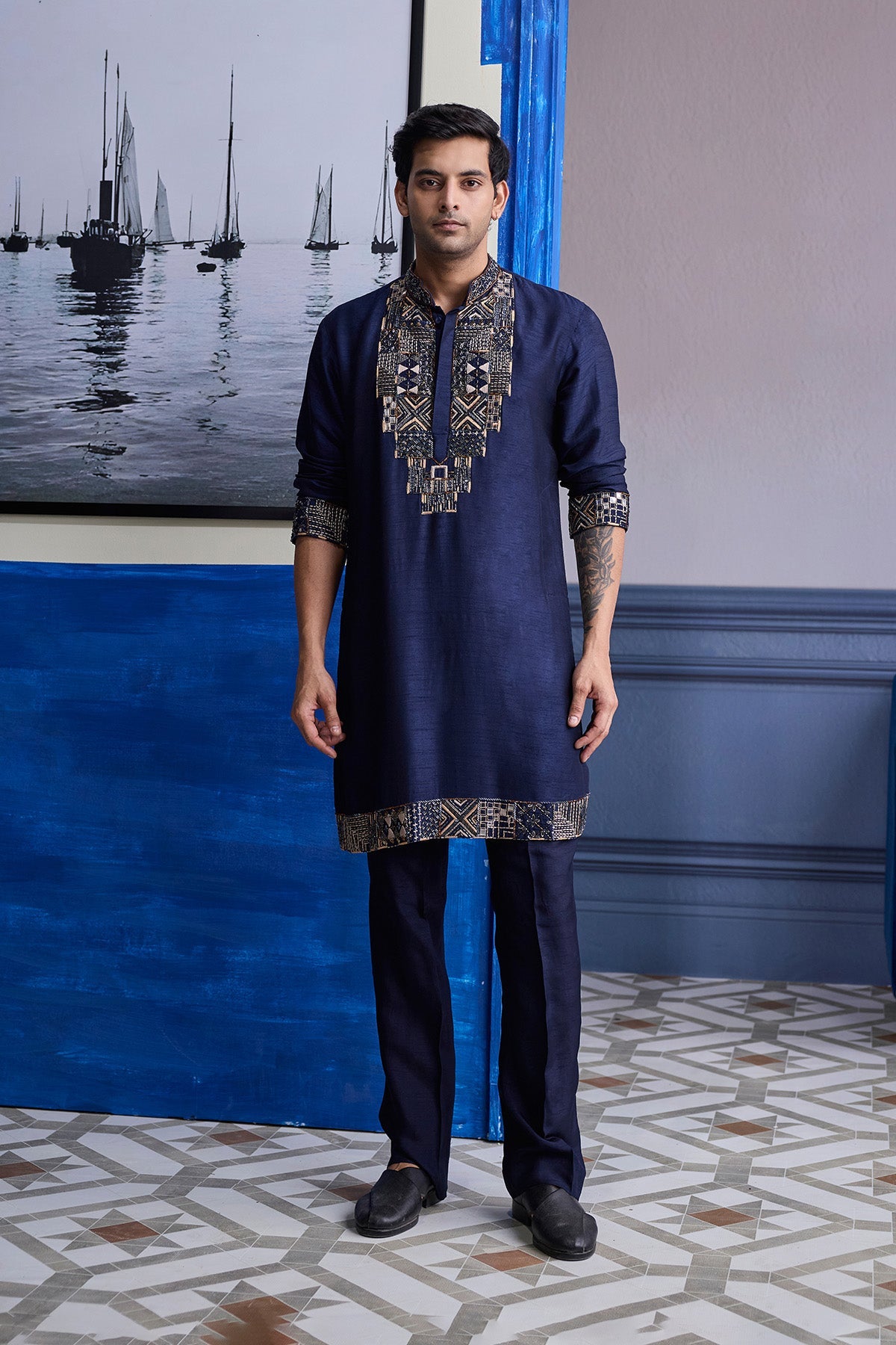 Dark Blue Geometric Emboidered Kurta With Solid Pants
