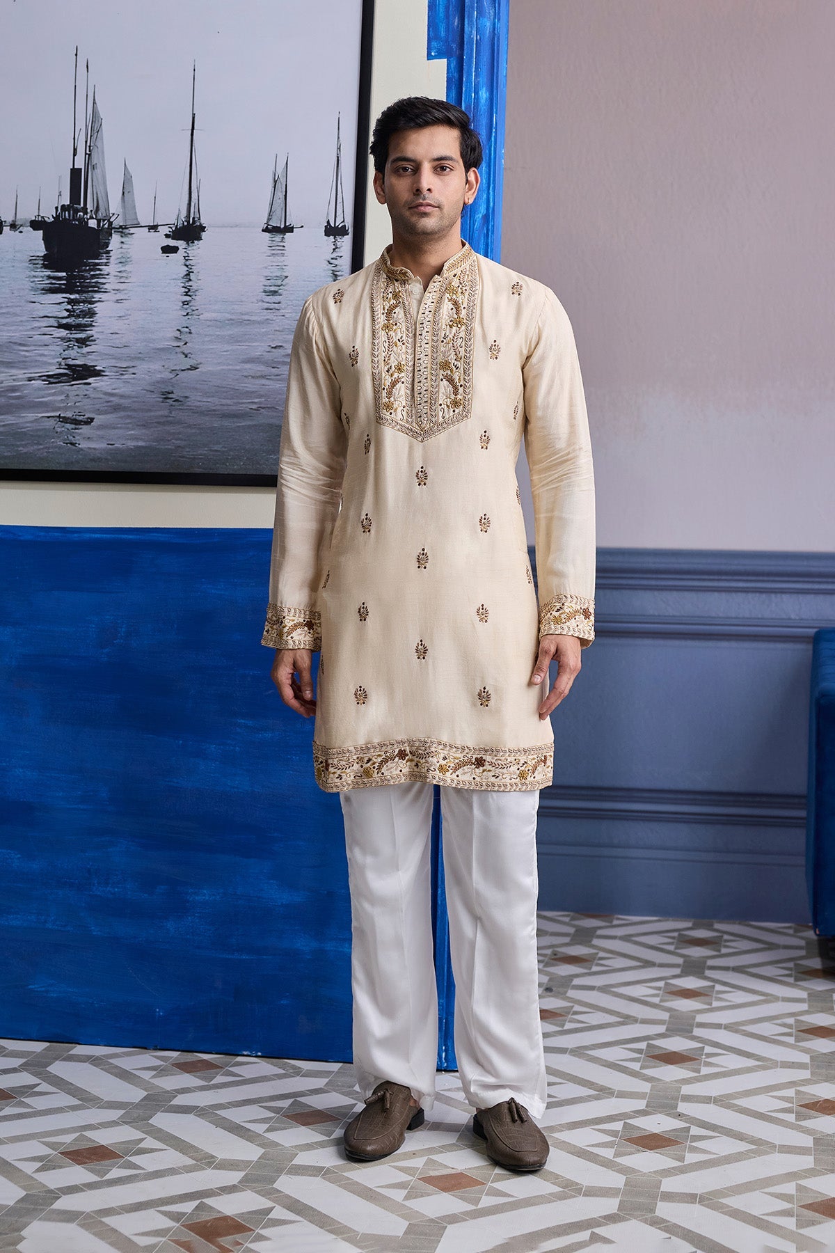 Ivory Thread Embroidered Yoke Kurta With Pants