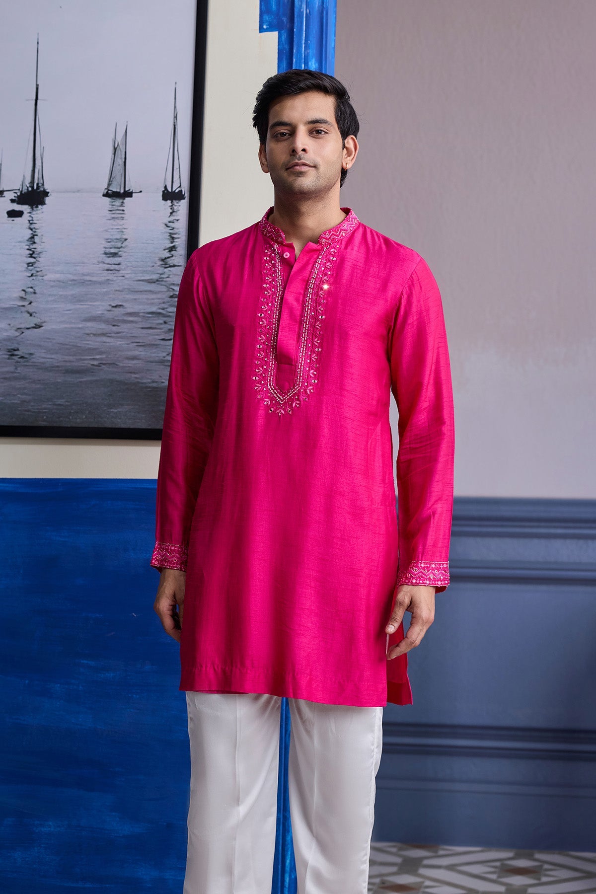 Fuschia Pink Mirror Embroidered & Thread Work Kurta With Pants