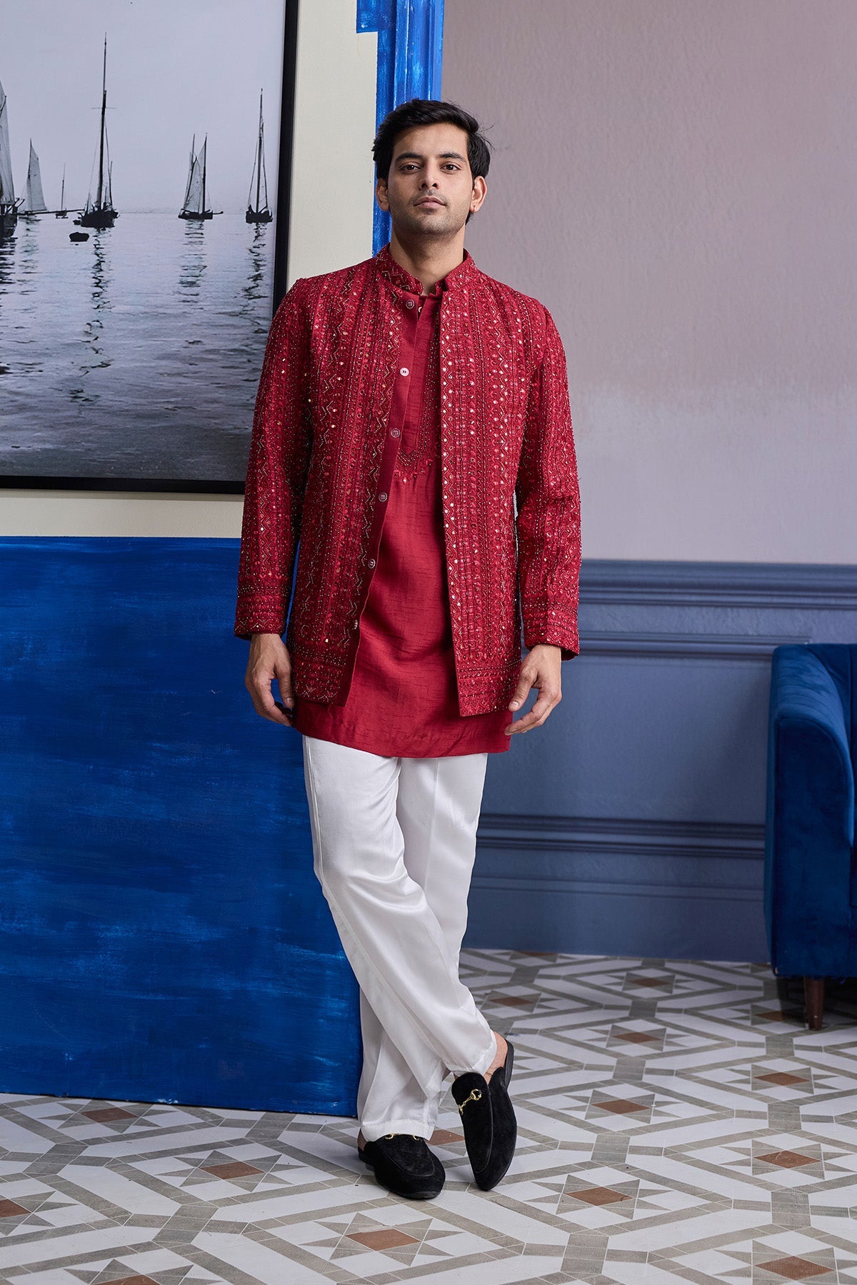Maroon Mirror Embroidered & Thread Work Bandhgla Jacket With Kurta & Pants