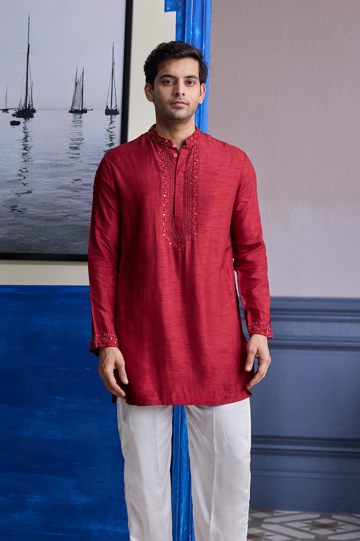 Maroon Mirror Embroidered & Thread Work Kurta With Pants