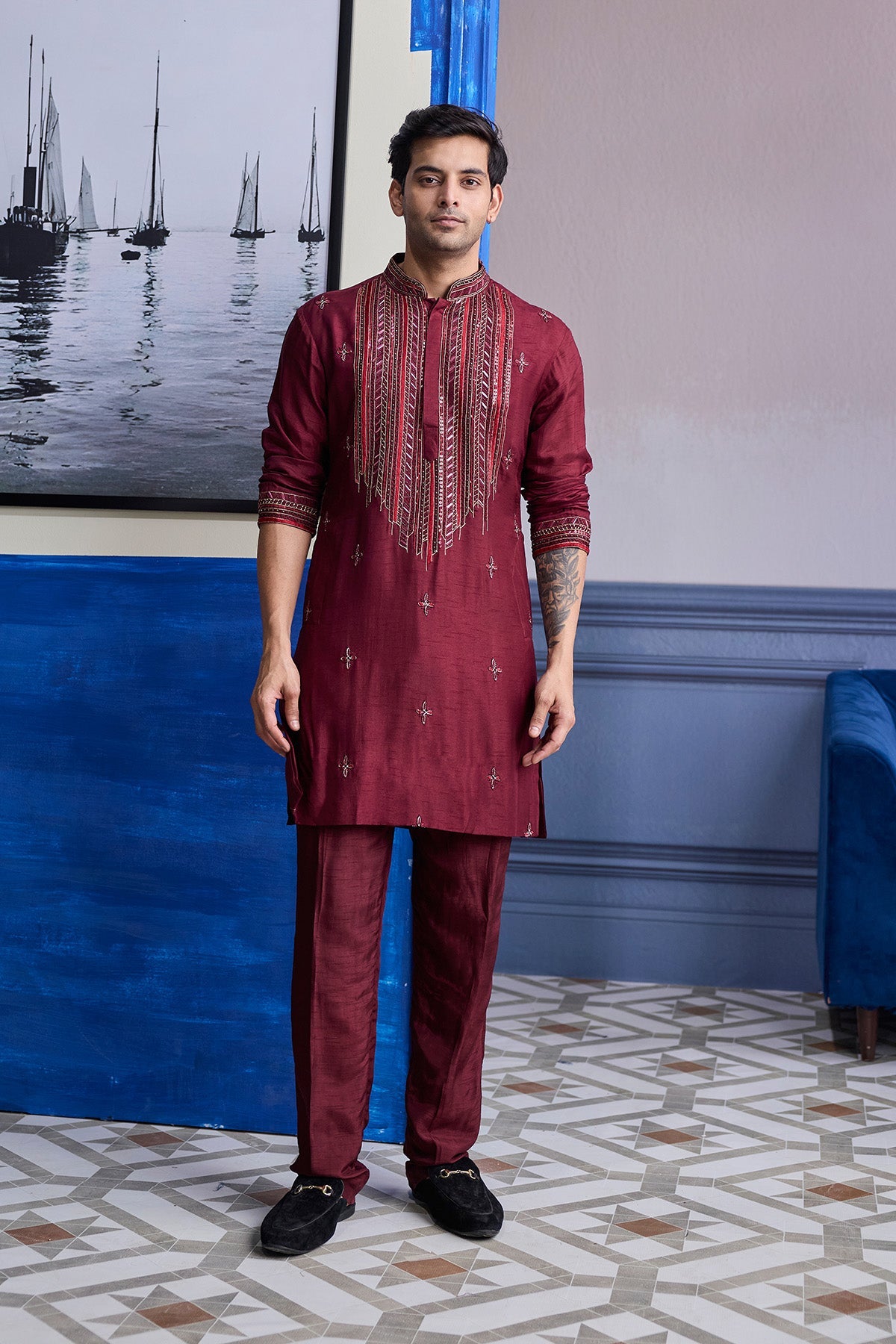 Maroon Emboidered Kurta With Pants