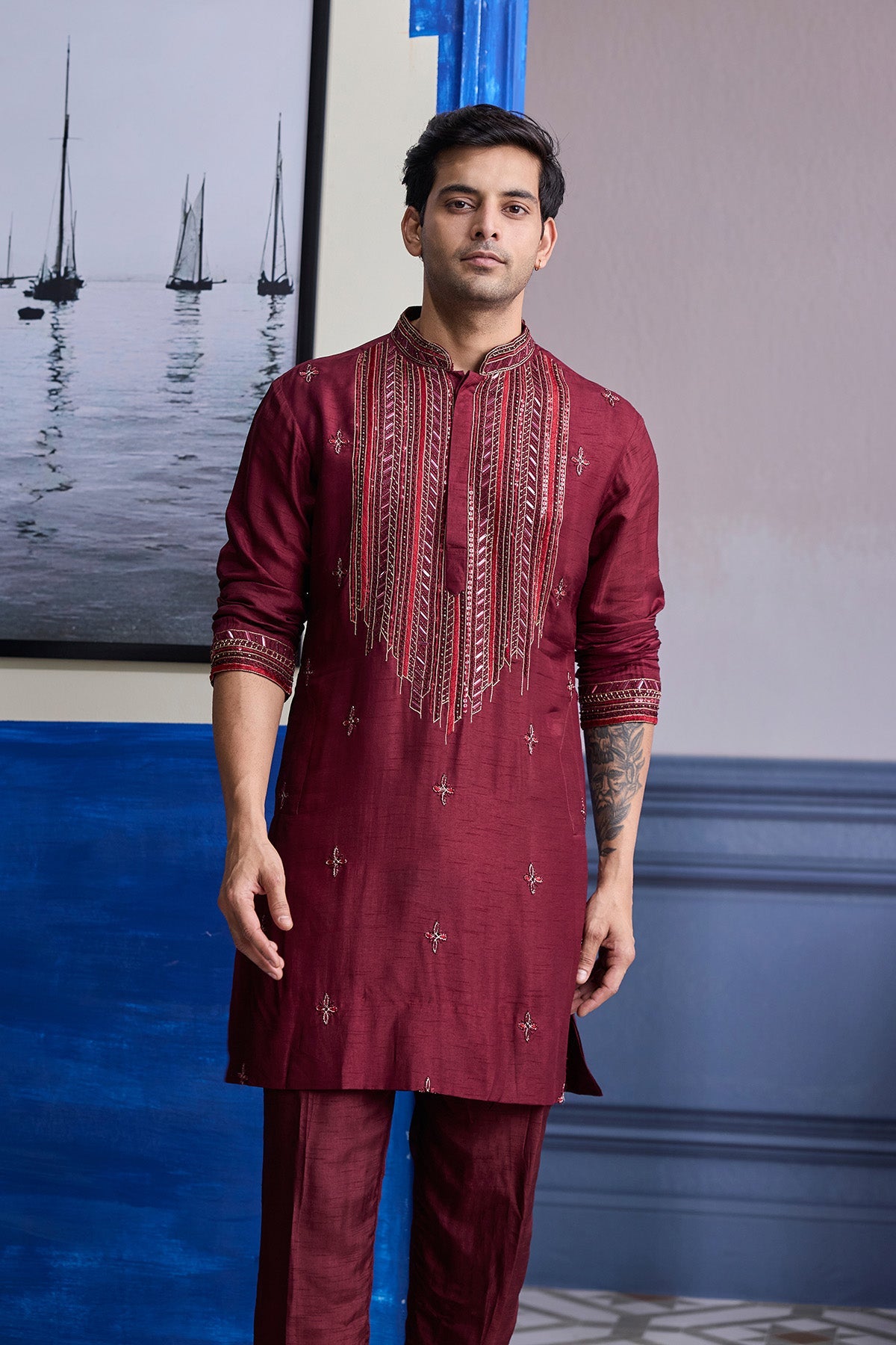 Maroon Emboidered Kurta With Pants