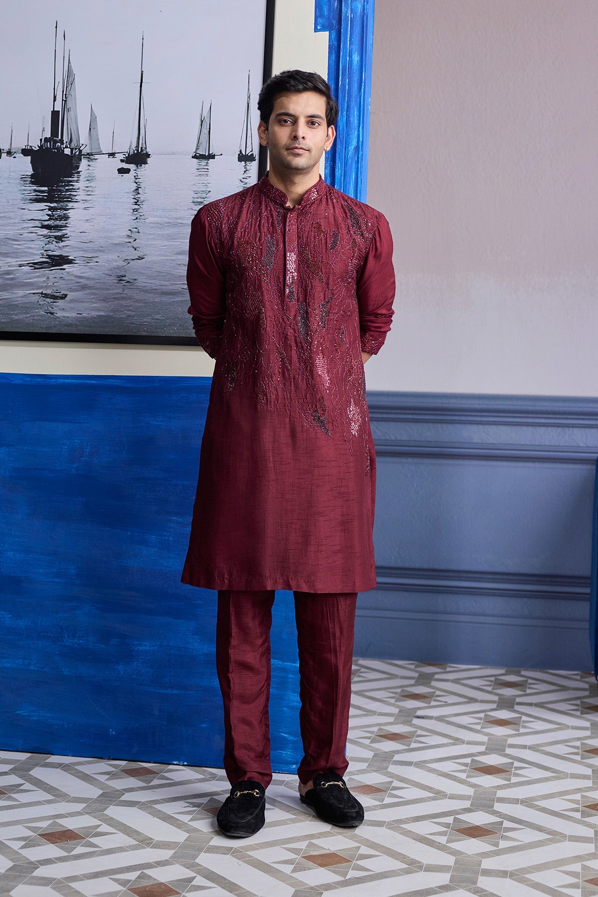 Maroon Abstract Embroidered Kurta Paired With Pants