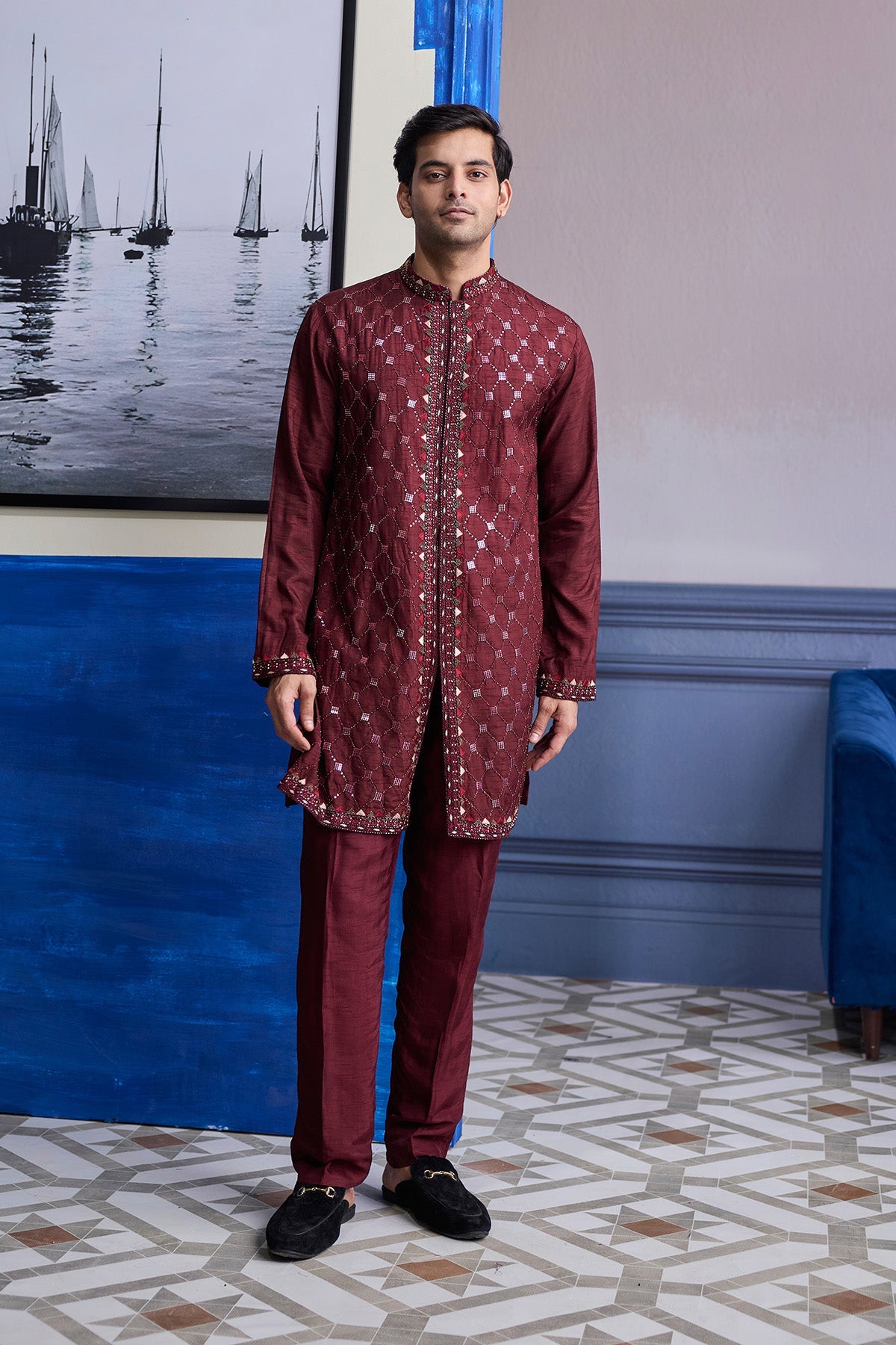 Maroon Mirror Embroidered Kurta Paired With Pants