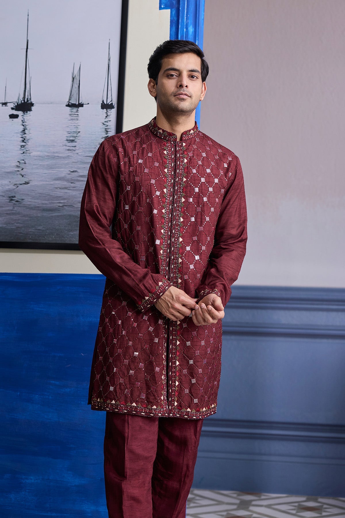 Maroon Mirror Embroidered Kurta Paired With Pants