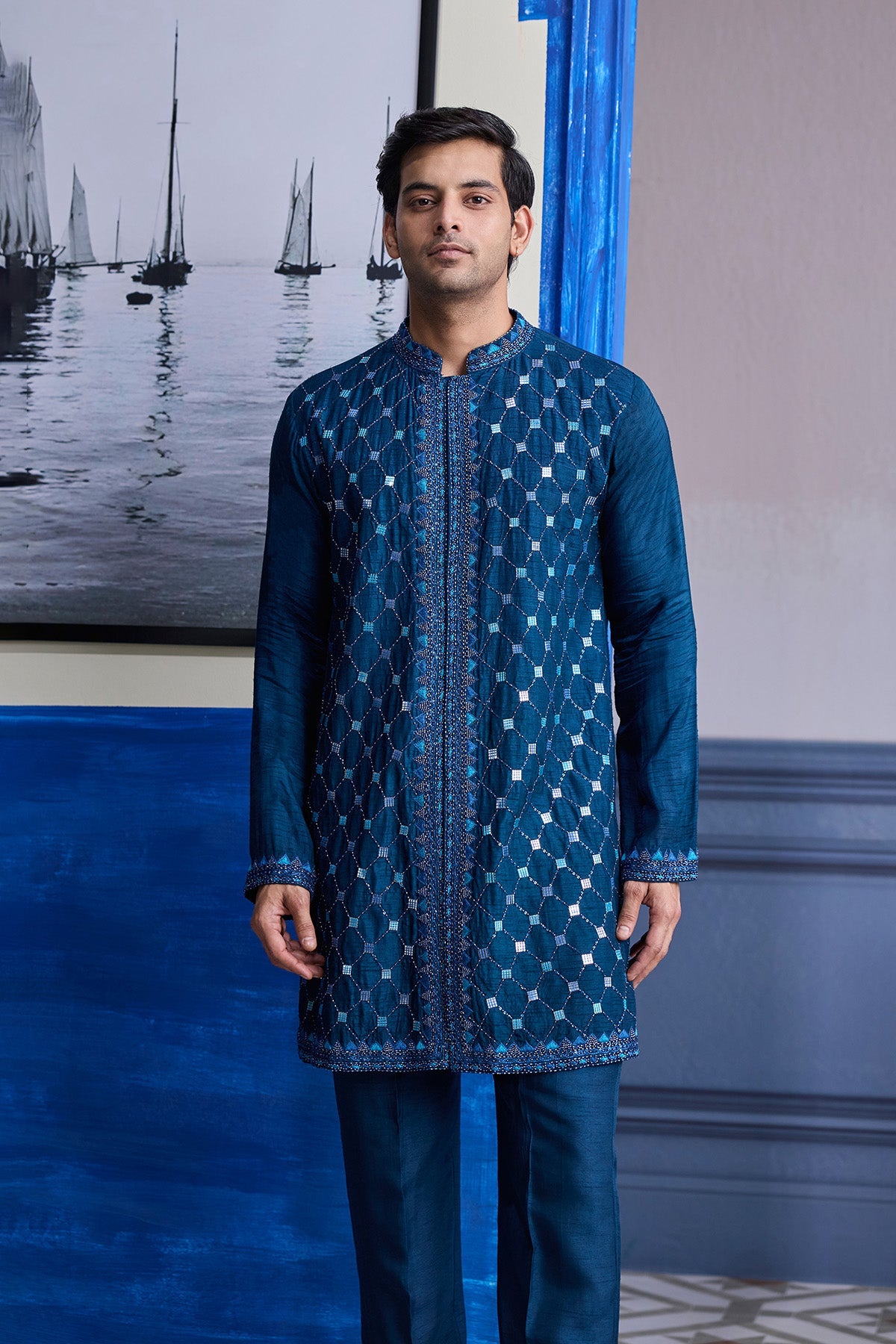 Teal Blue Mirror Embroidered Kurta Paired With Pants