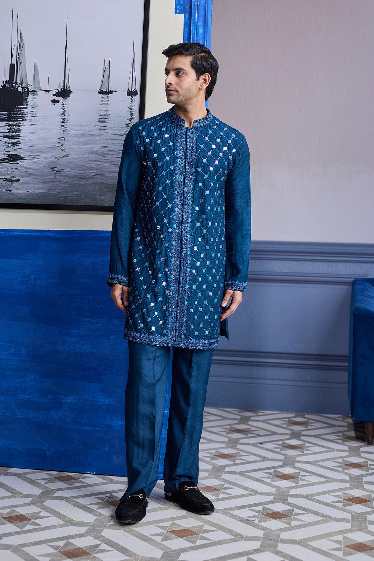 Teal Blue Mirror Embroidered Kurta Paired With Pants