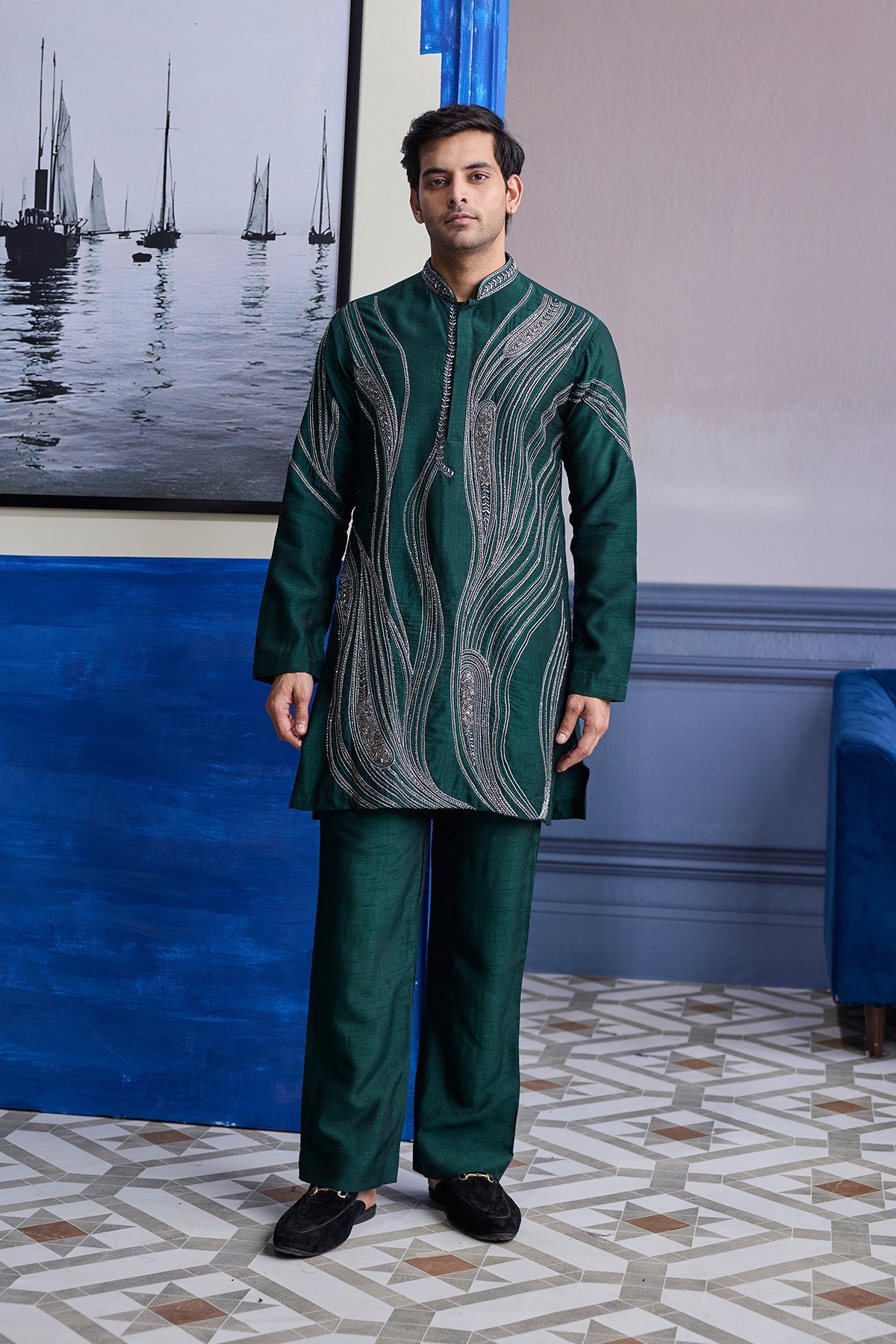 Dark Green Zari Embroidered Waves Kurta With Solid Pants