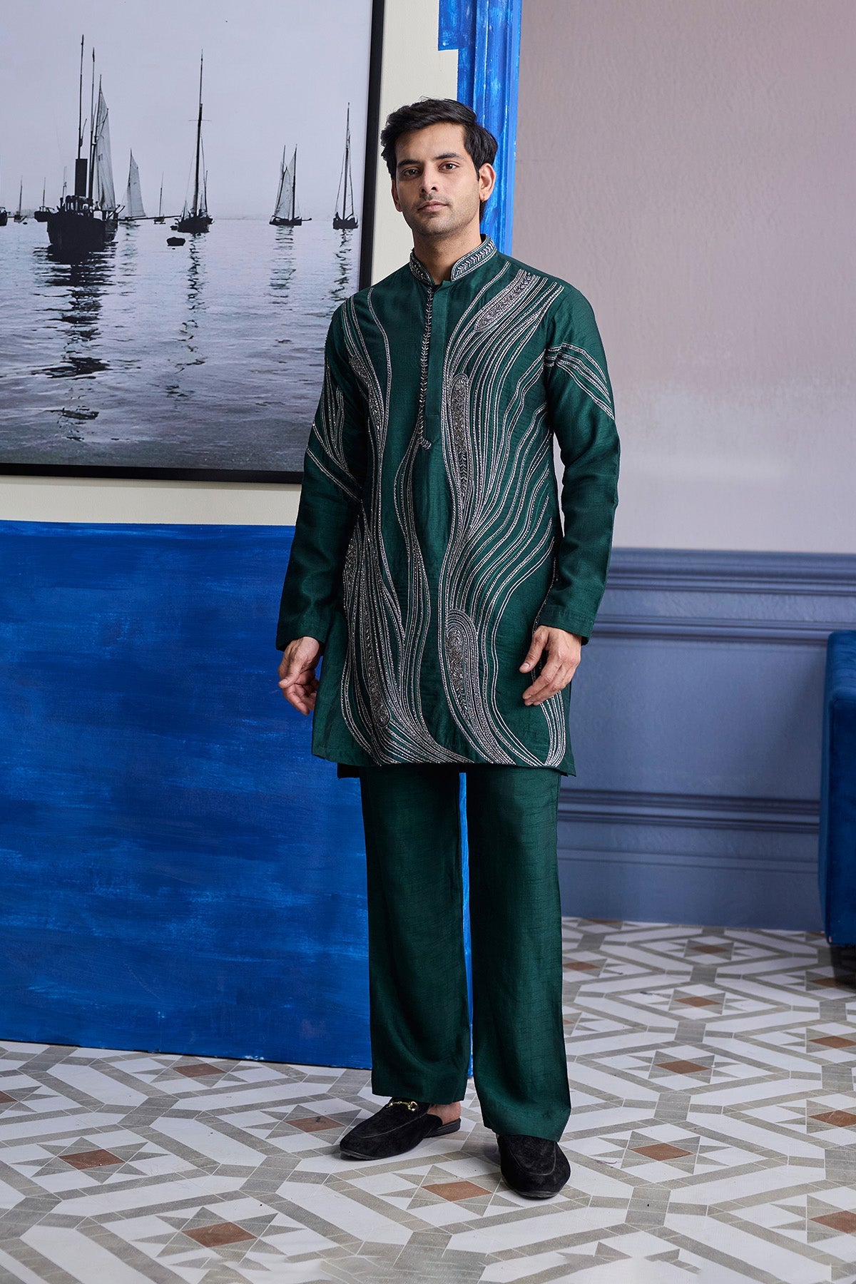 Dark Green Zari Embroidered Waves Kurta With Solid Pants