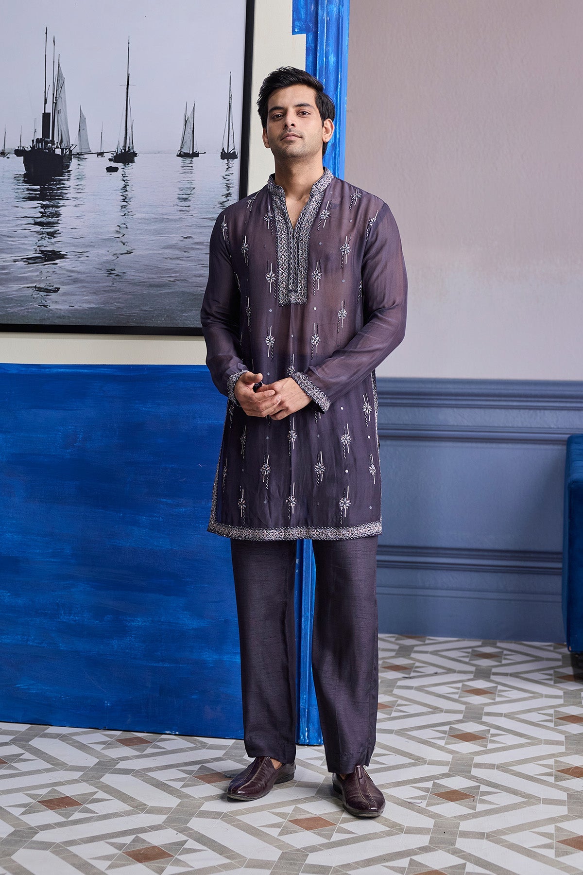 Charcol Grey Sheer Embroidered Kurta With Pants
