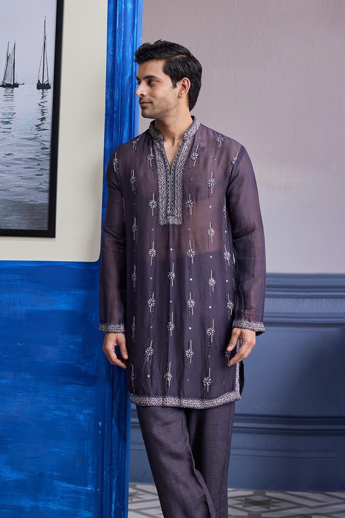 Charcol Grey Sheer Embroidered Kurta With Pants