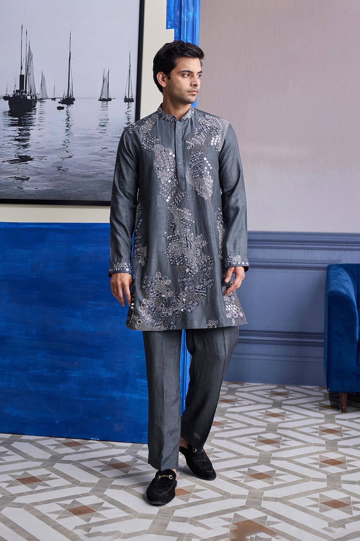 Steel Grey Embroidered Kurta With Pants