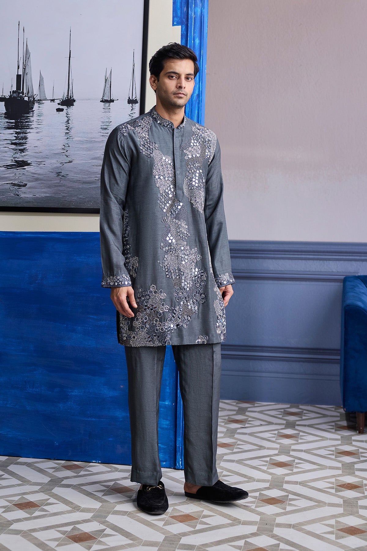 Steel Grey Embroidered Kurta With Pants