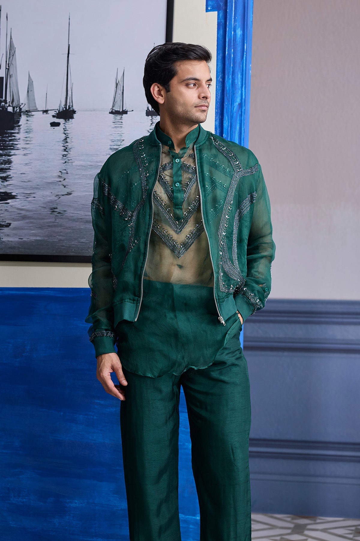 Drak Green Organza Kurta With Embroidered Organza Bomber Jacket Paired With Solid Pants