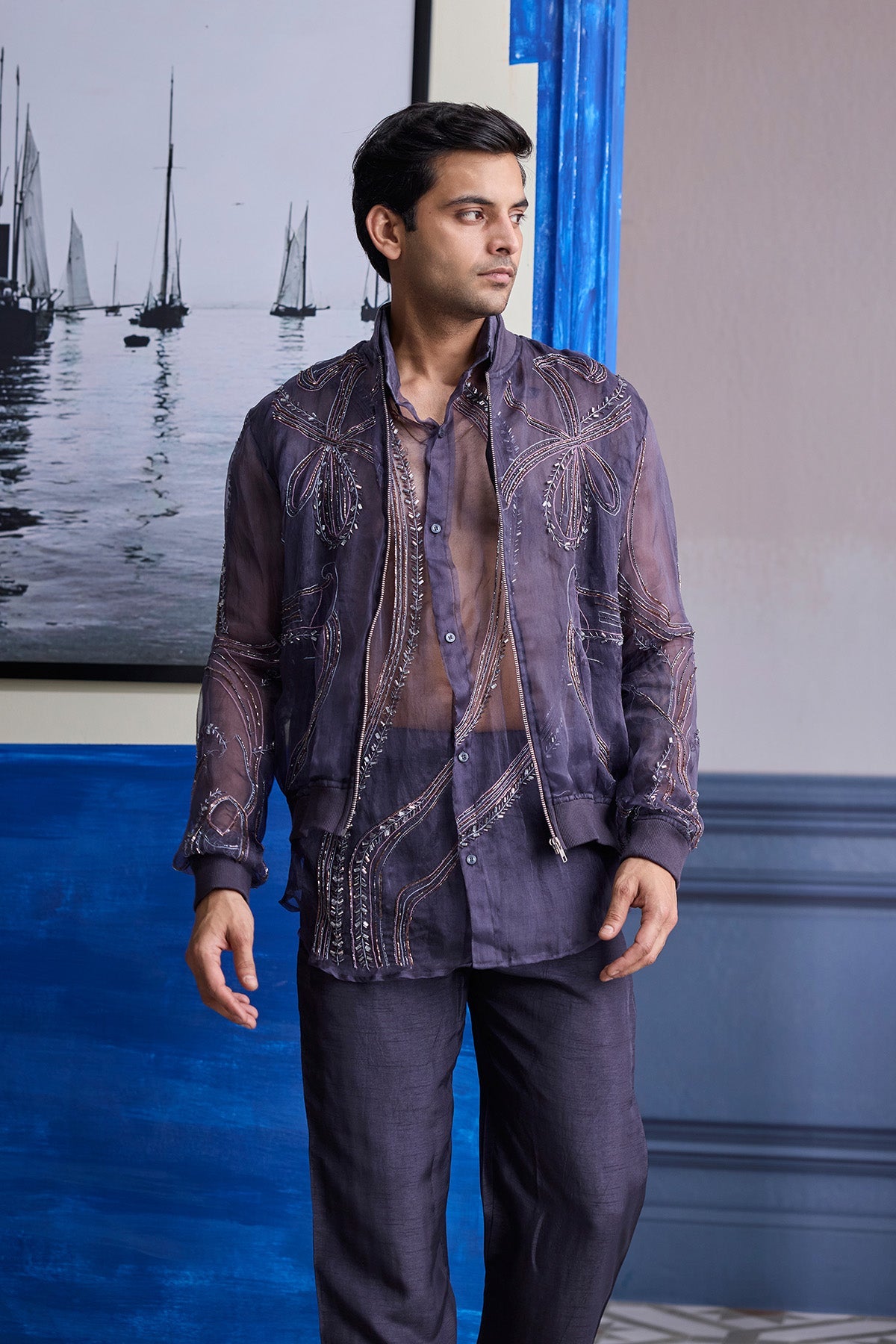 Charcol Grey Organza Shirt With Embroidered Organza Bomber Jacket Paired With Solid Pants