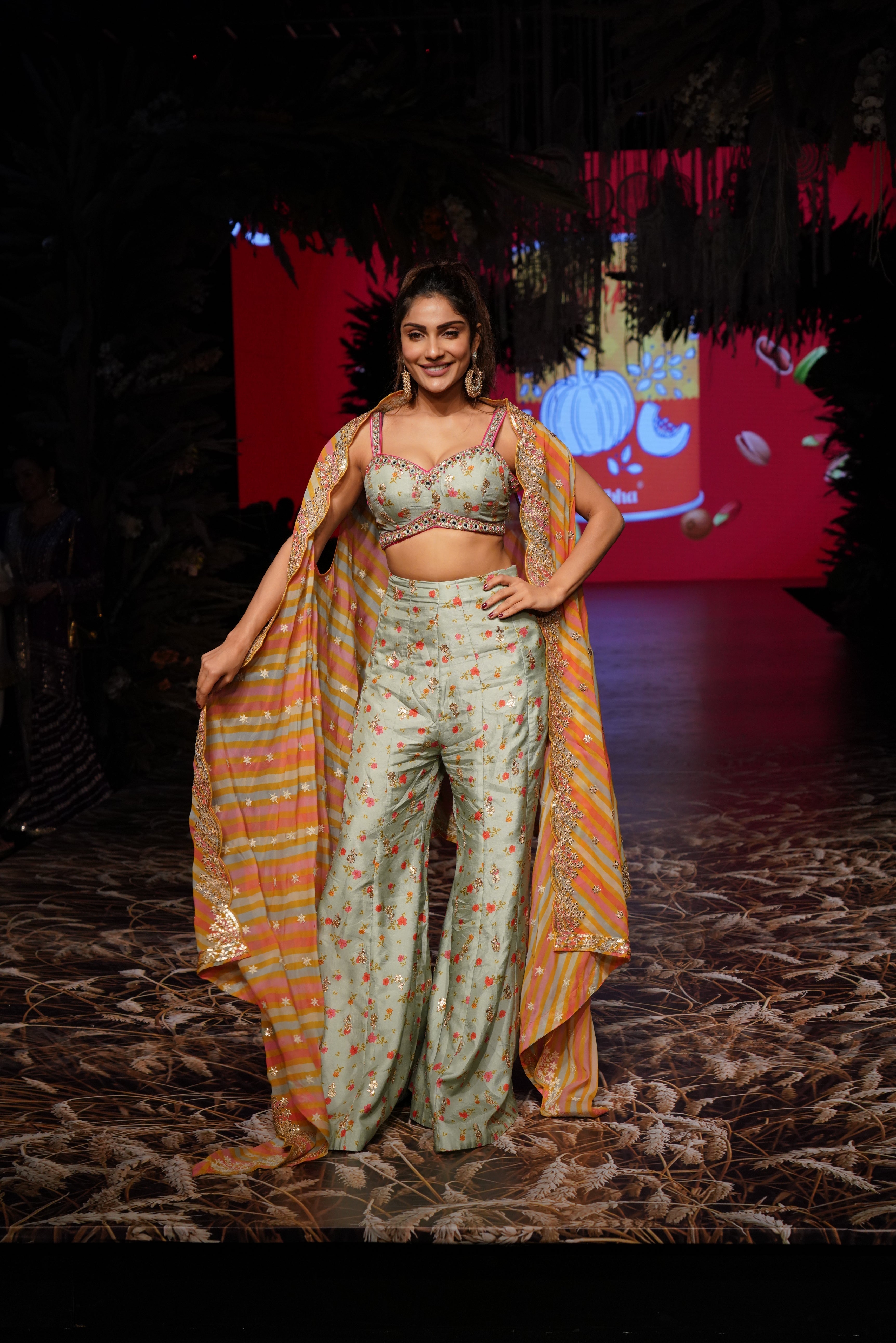 Rashida Panel Pant With Cape -Ishita Raj