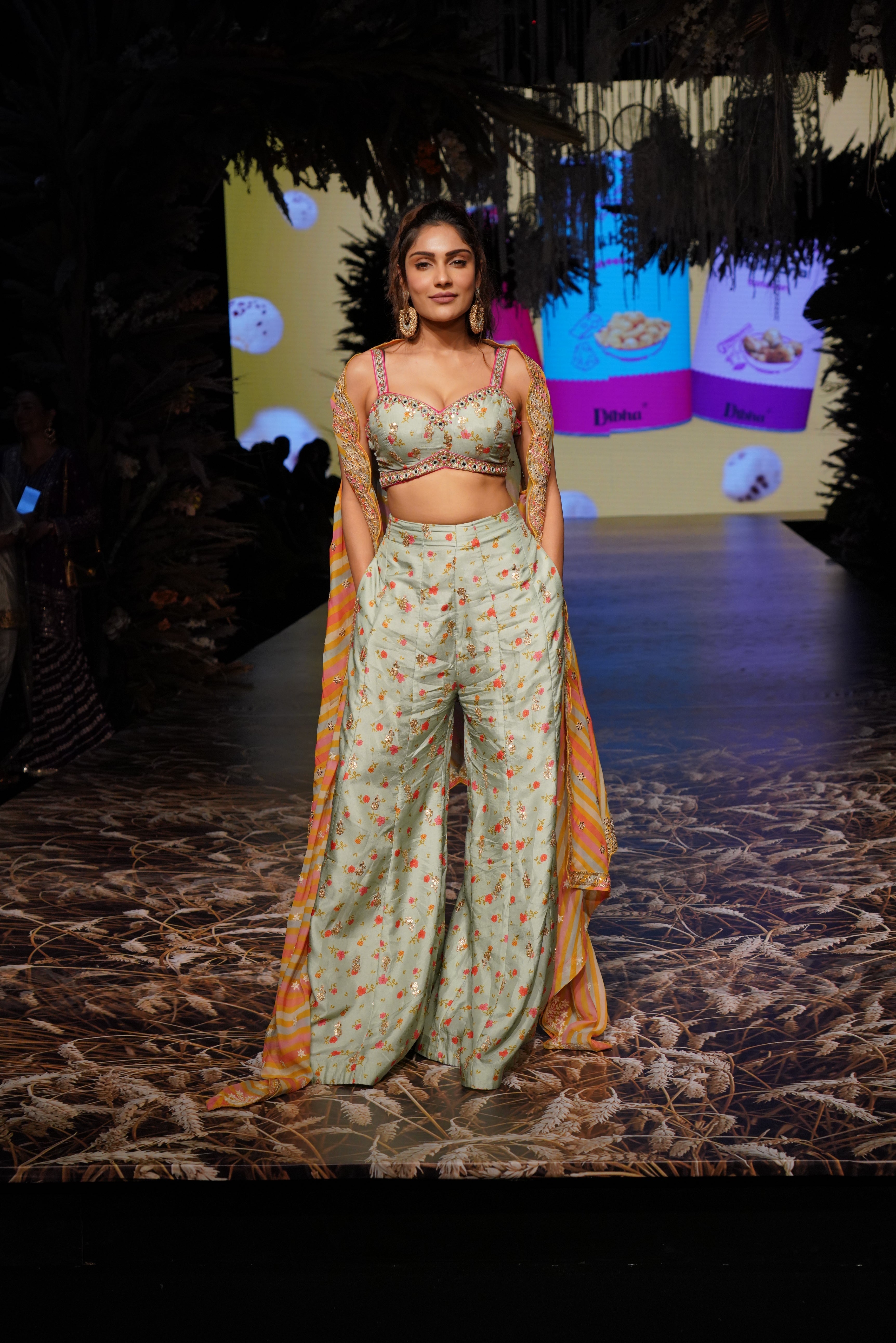 Rashida Panel Pant With Cape -Ishita Raj