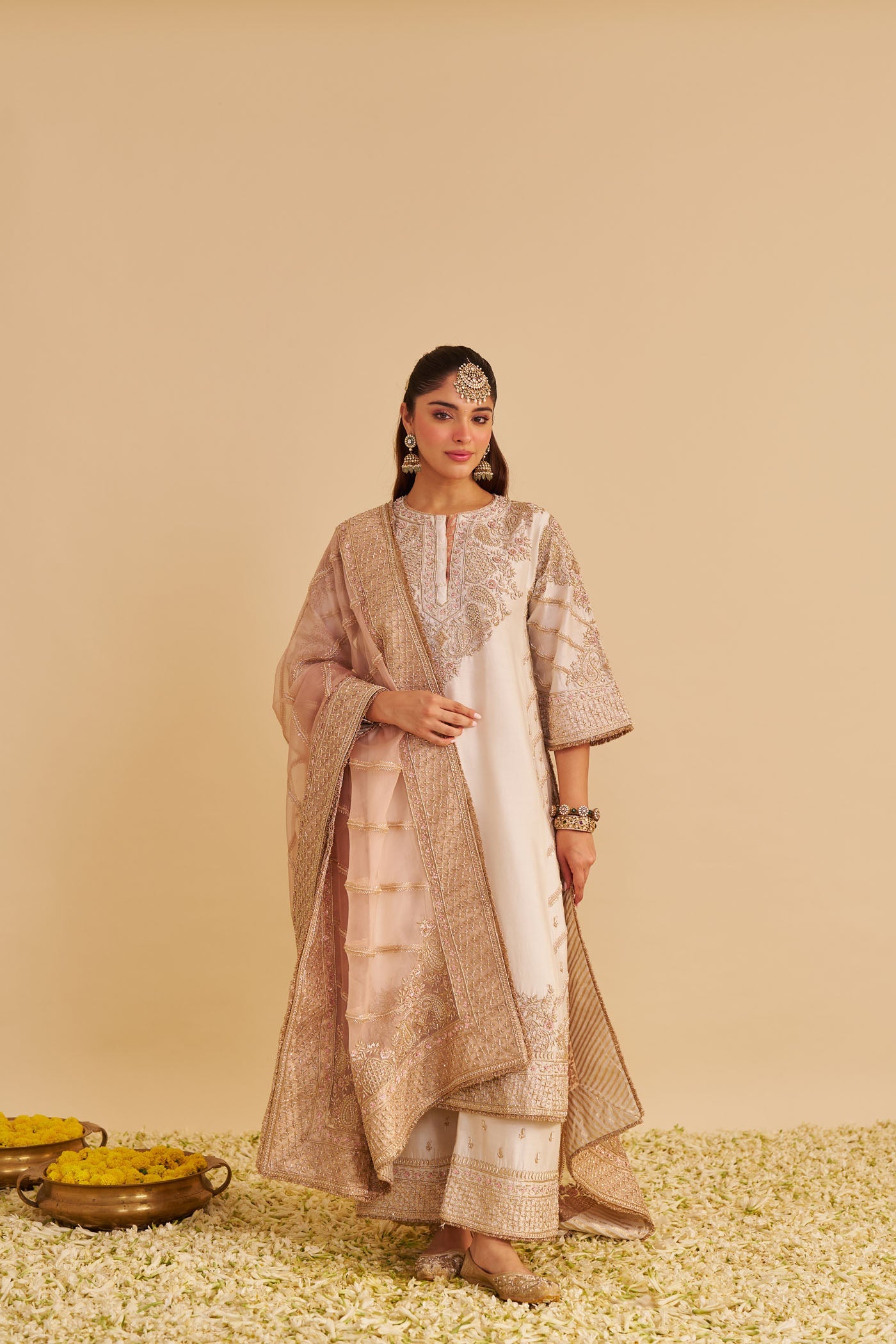 Aqsha - Dabka Zardozi Embroidered Rich Banarasi Daisy Ivory Long Chauga & Palazzo with Dupatta