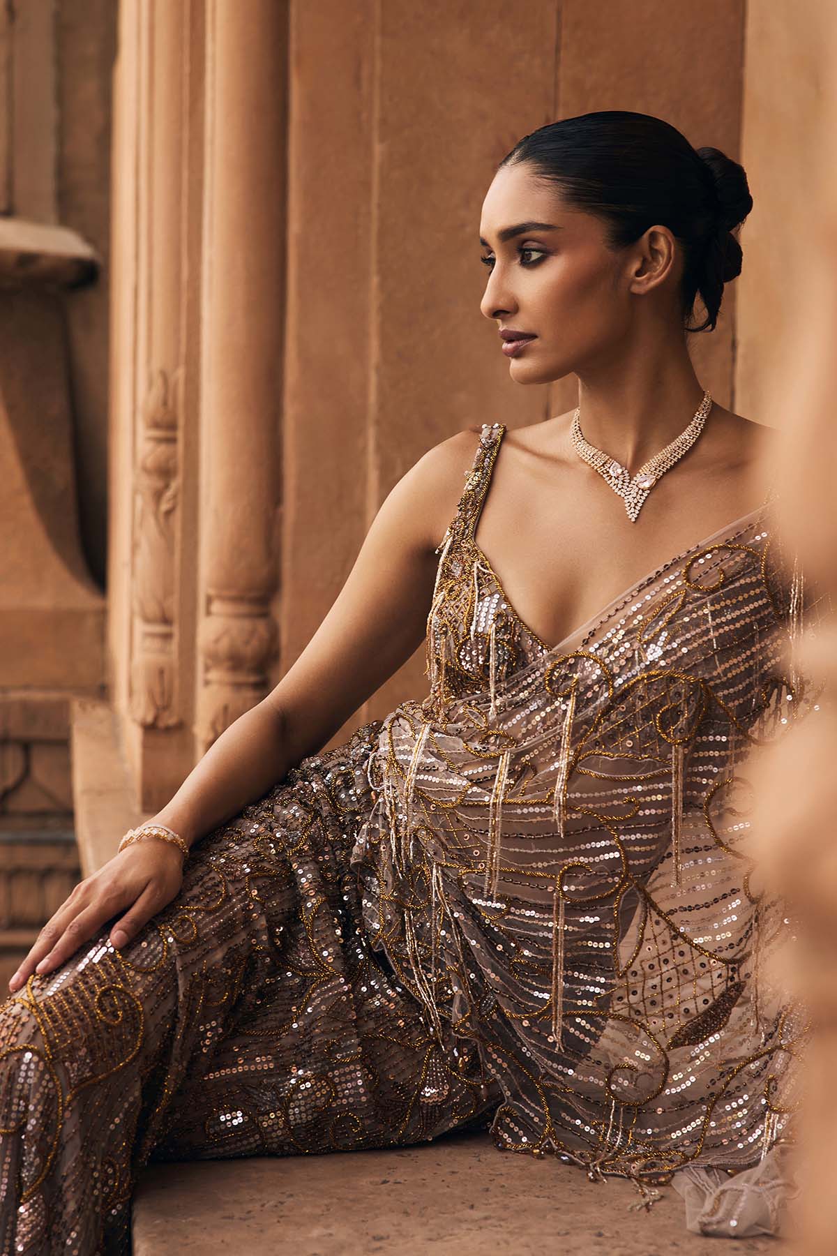 Grey Swirll Embellished & Tassseled Saree Set