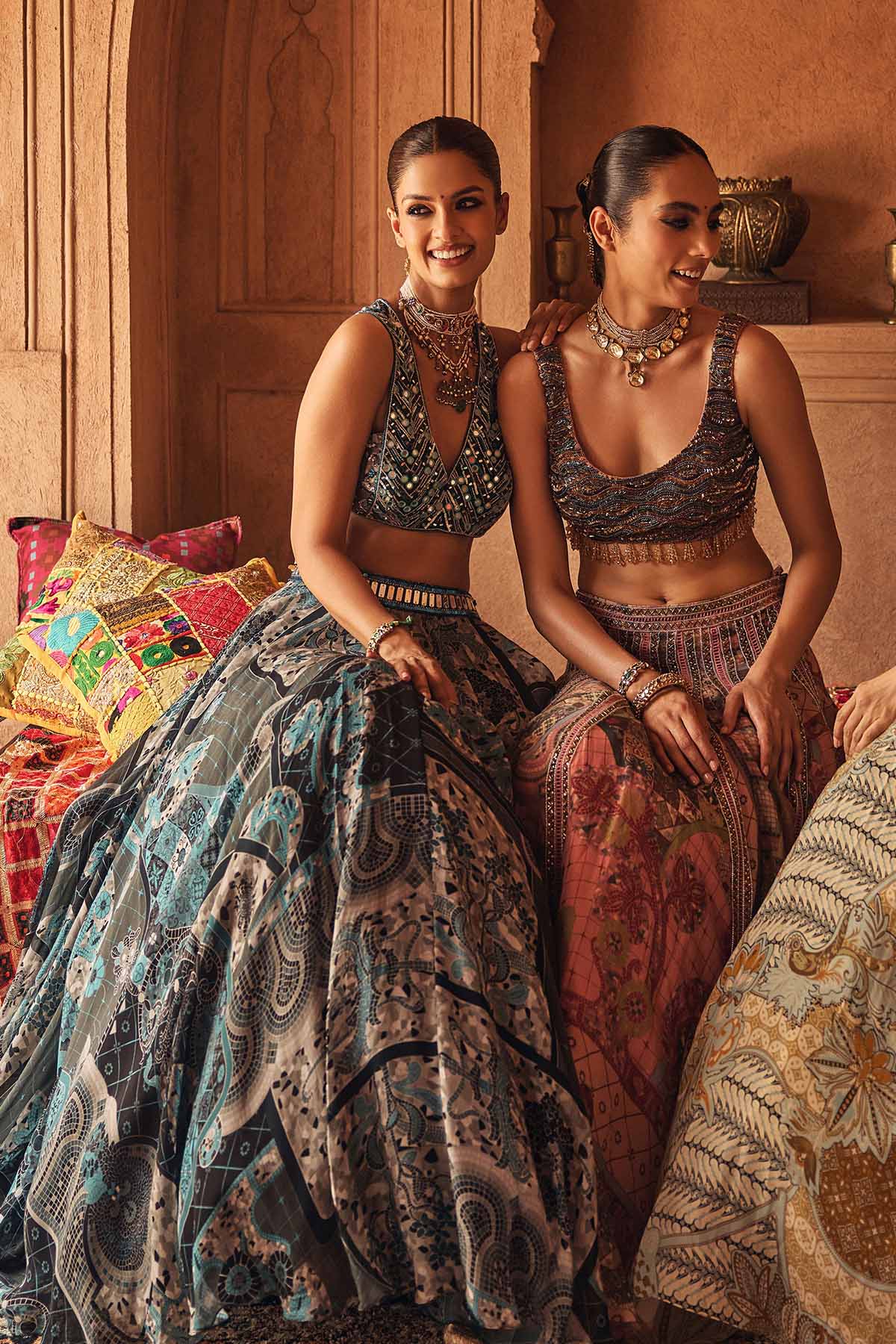 Teal & Black Embroidered Blouse With Printed Lehenga & Dupatta Set