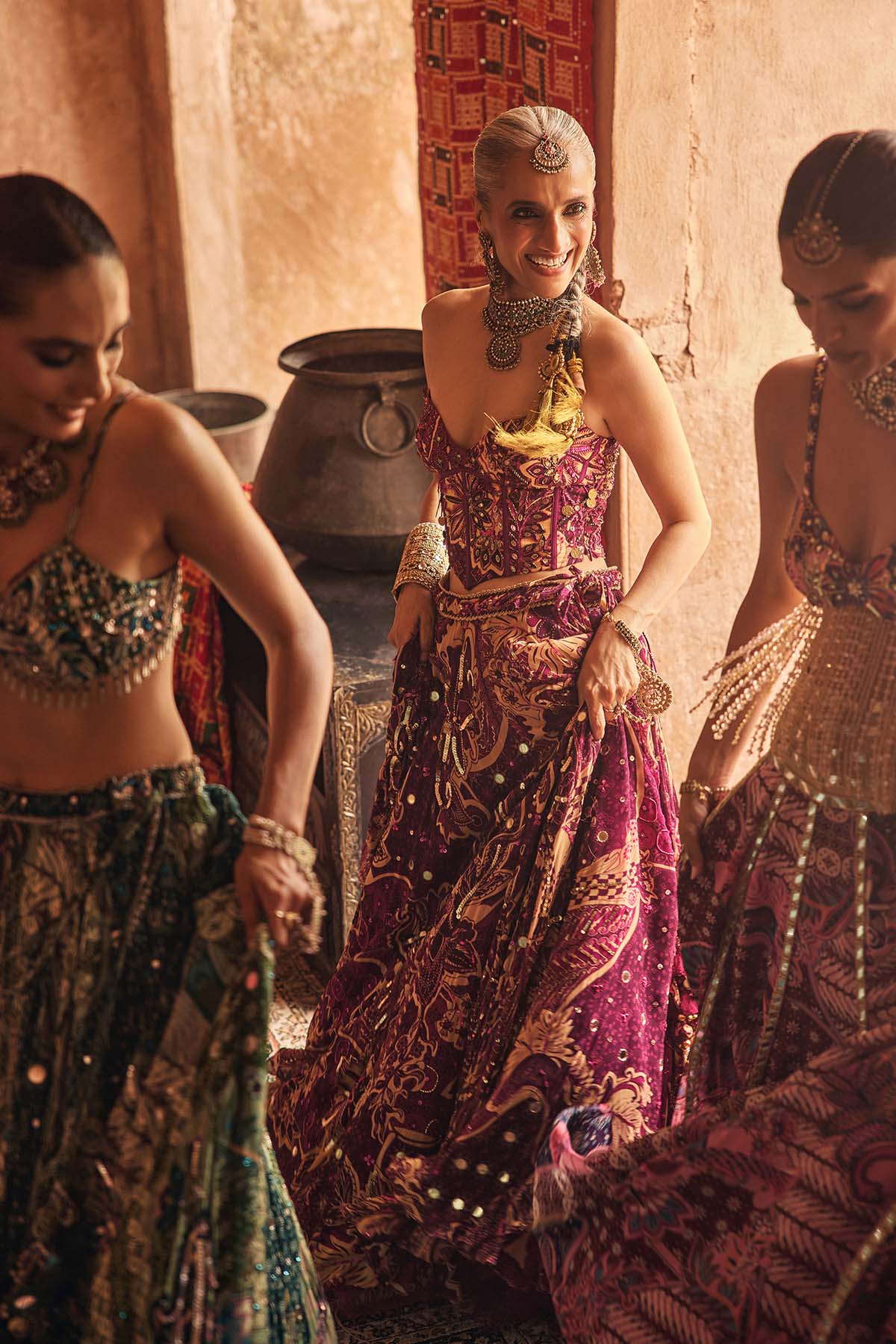 Magenta Highlighted Corset With Lehenga & Embroidered Dupatta Set
