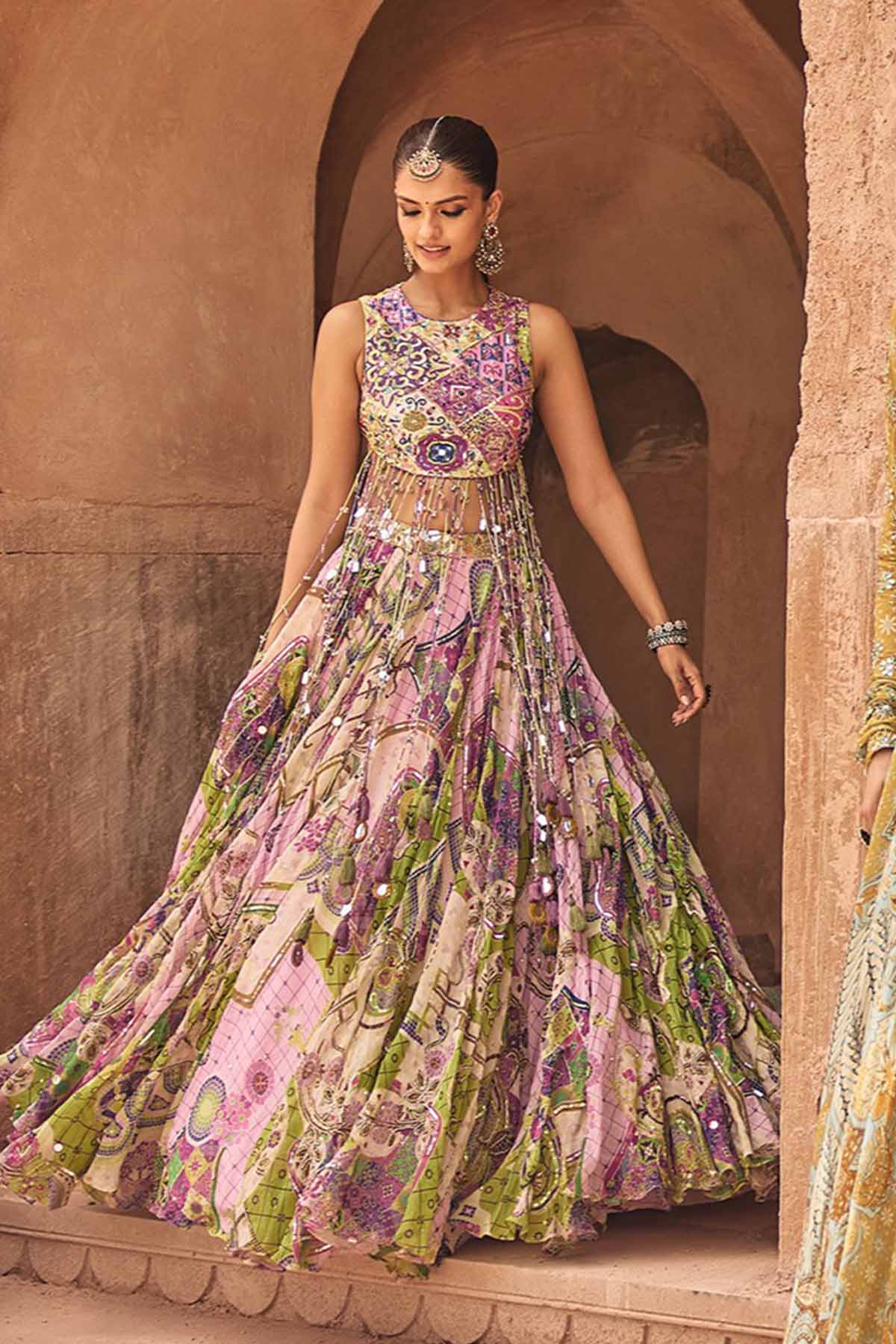 Bubblegum Mosaic Yoke Blouse With Long Tassels & Highlighted Lehenga Set