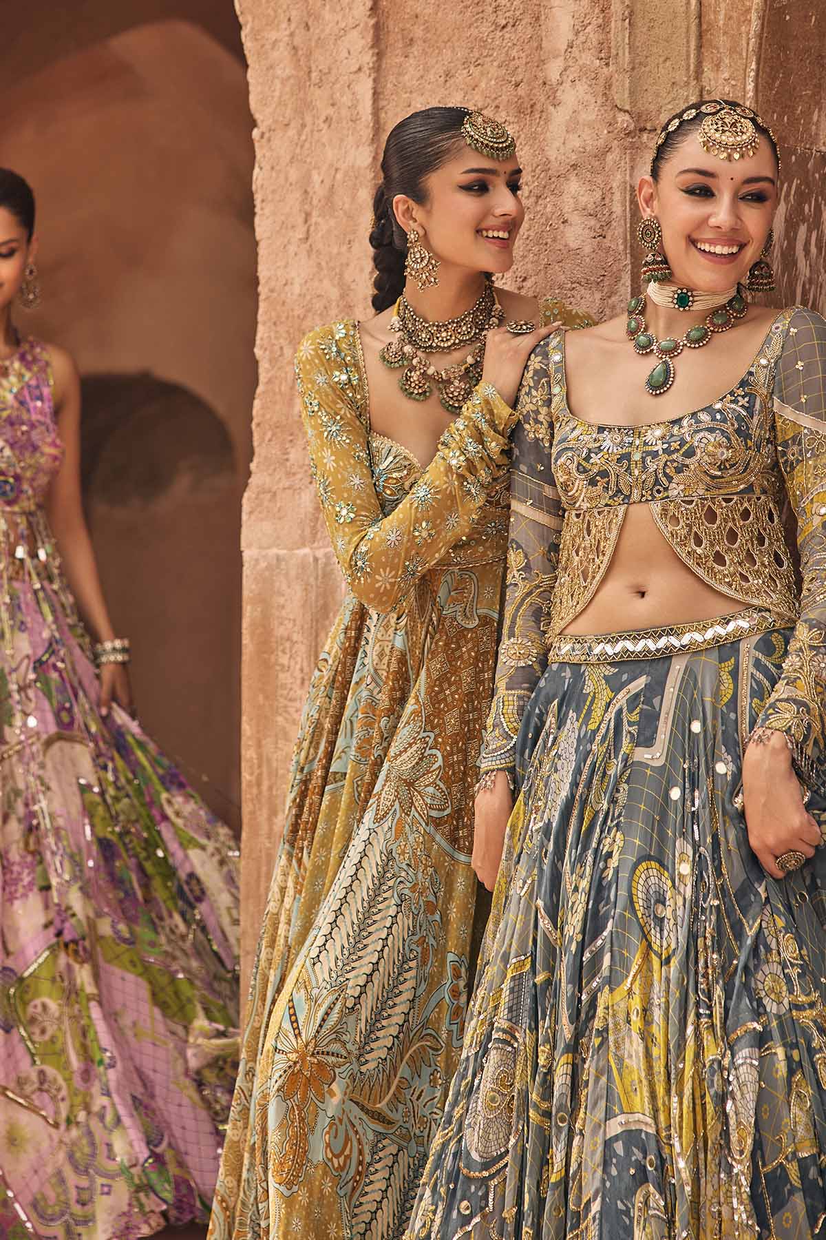 Bubblegum Mosaic Yoke Blouse With Long Tassels & Highlighted Lehenga Set