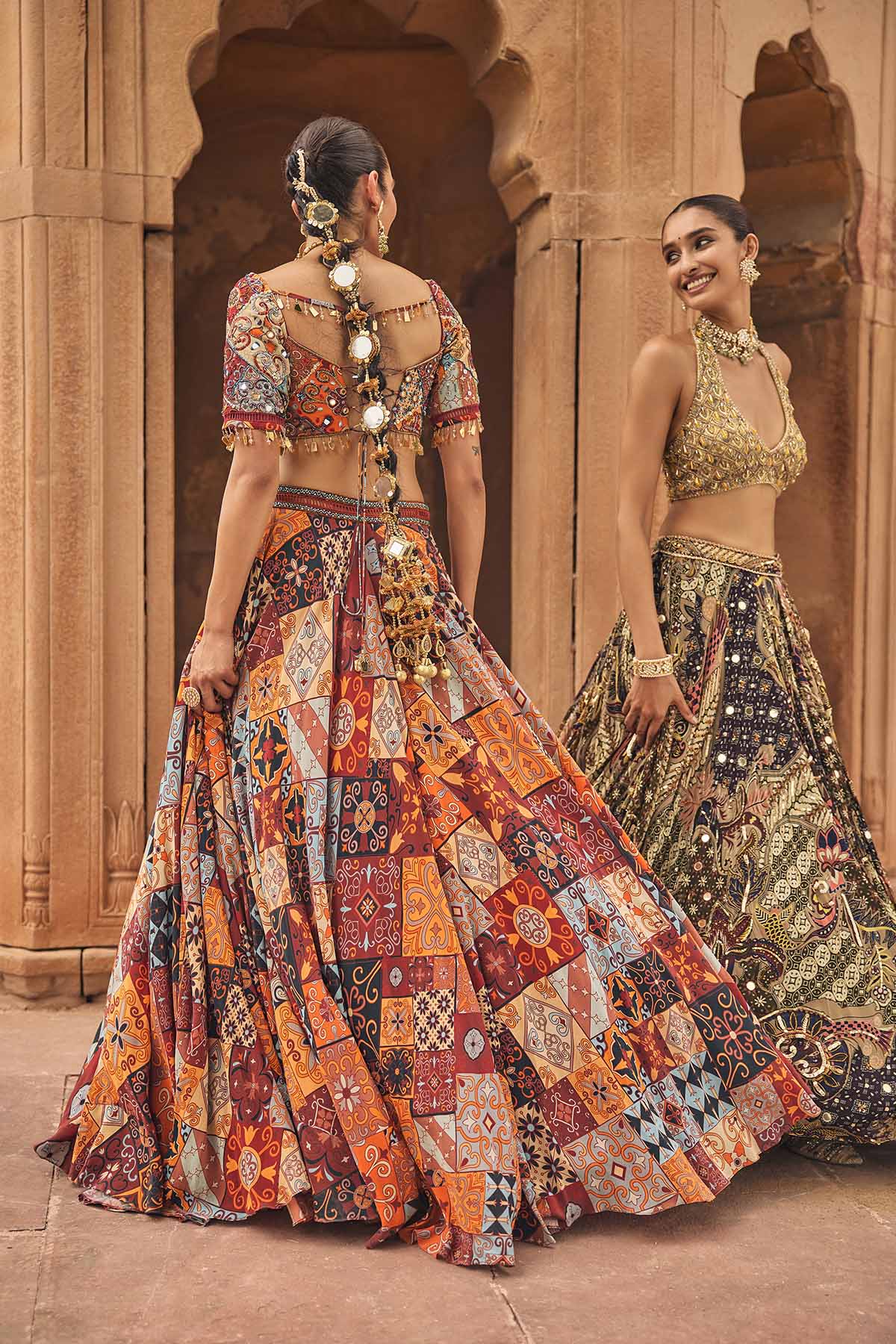 Grey & Yellow Embroidered Blouse With Highlighted Lehenga Set