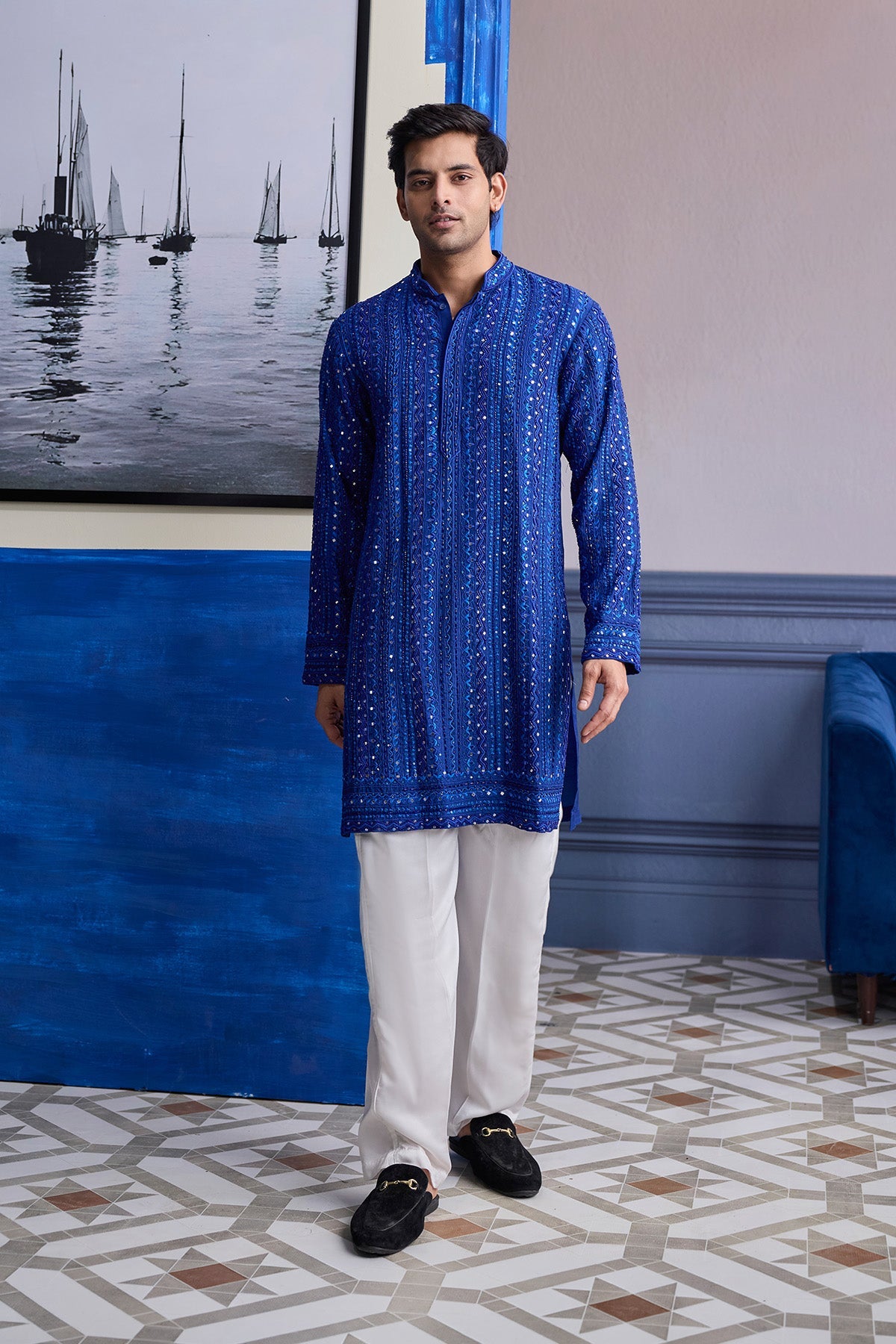 Electric Blue Mirror Embroidery & Thread Work Kurta With Pants