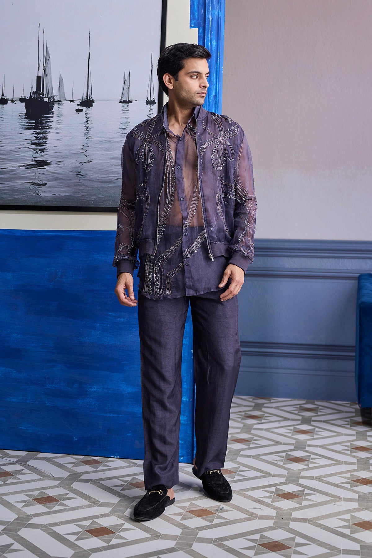Charcol Grey Organza Shirt With Embroidered Organza Bomber Jacket Paired With Solid Pants