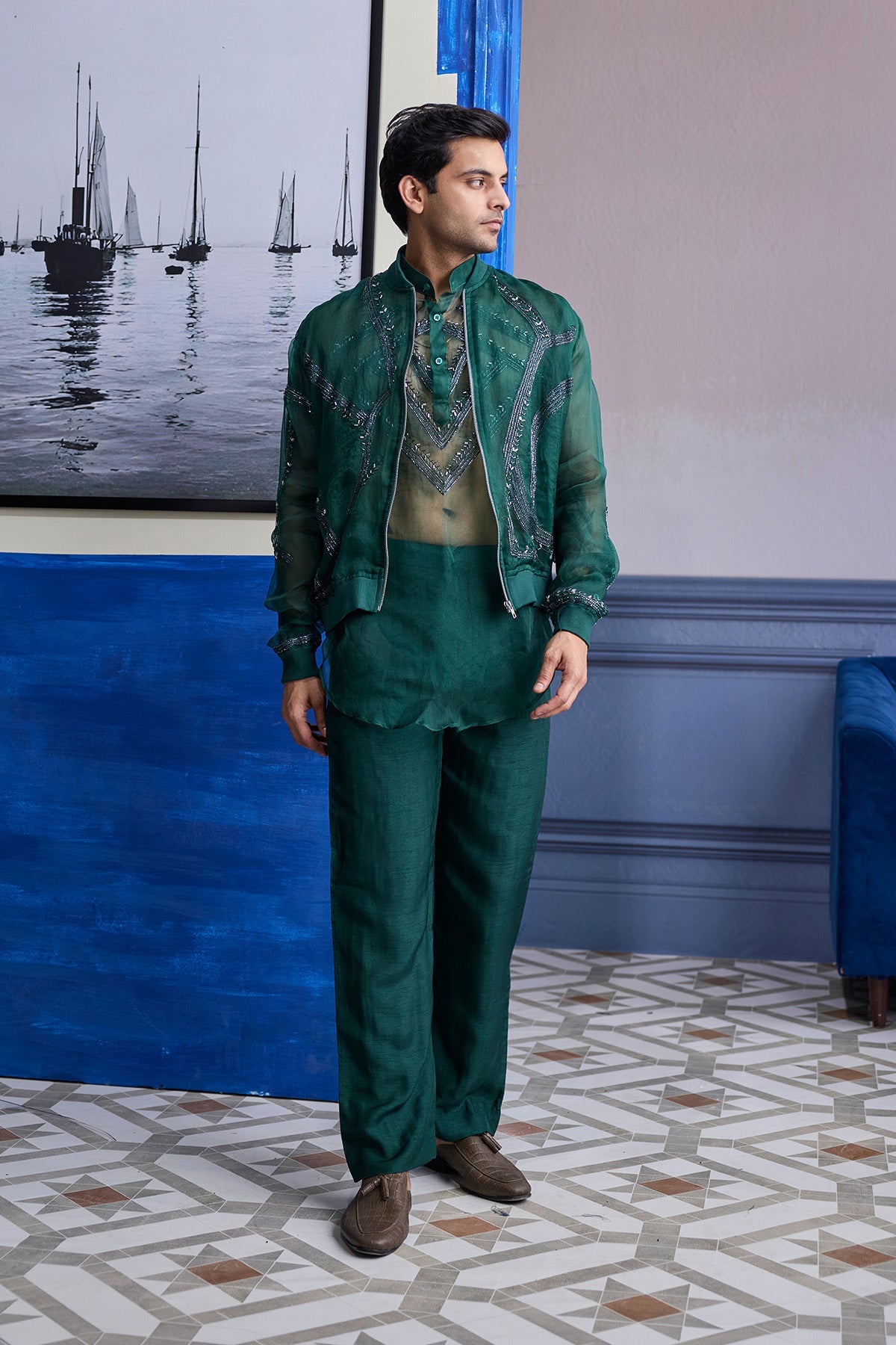 Drak Green Organza Kurta With Embroidered Organza Bomber Jacket Paired With Solid Pants