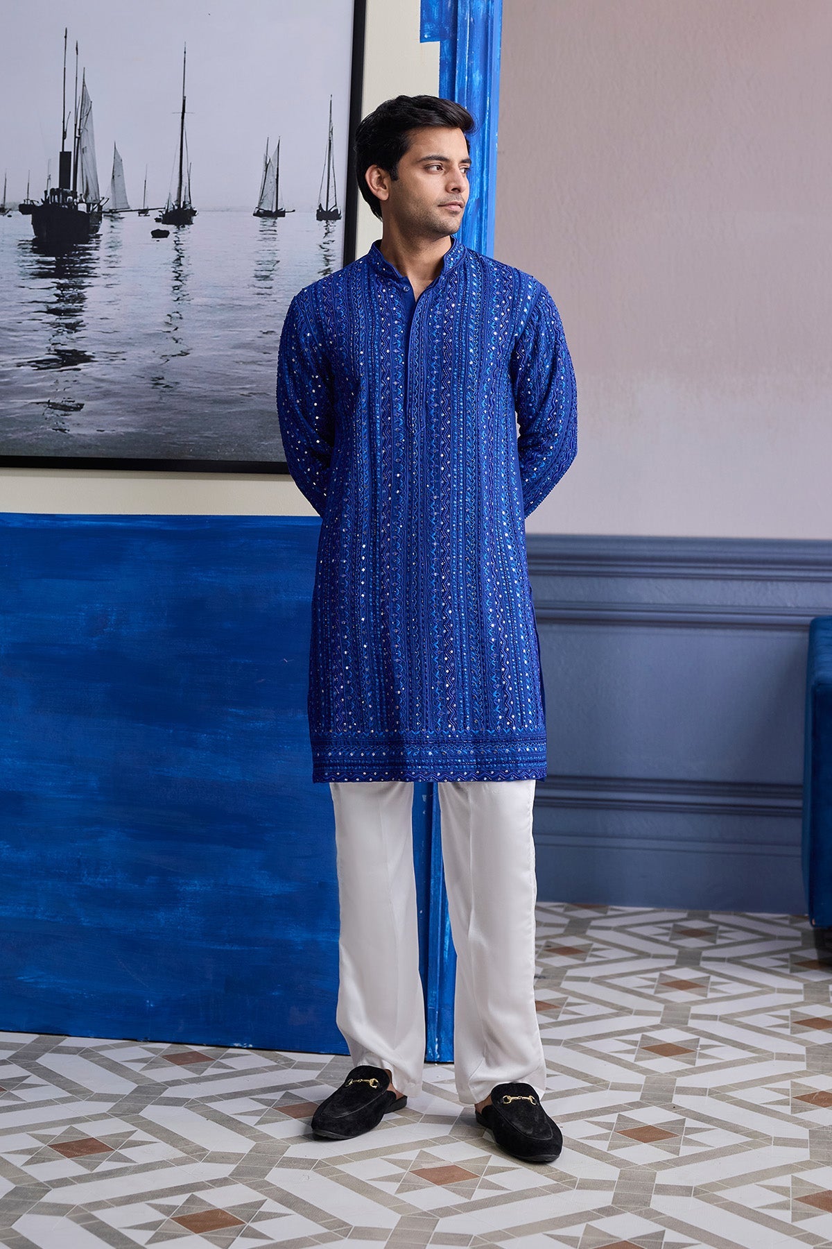 Electric Blue Mirror Embroidery & Thread Work Kurta With Pants