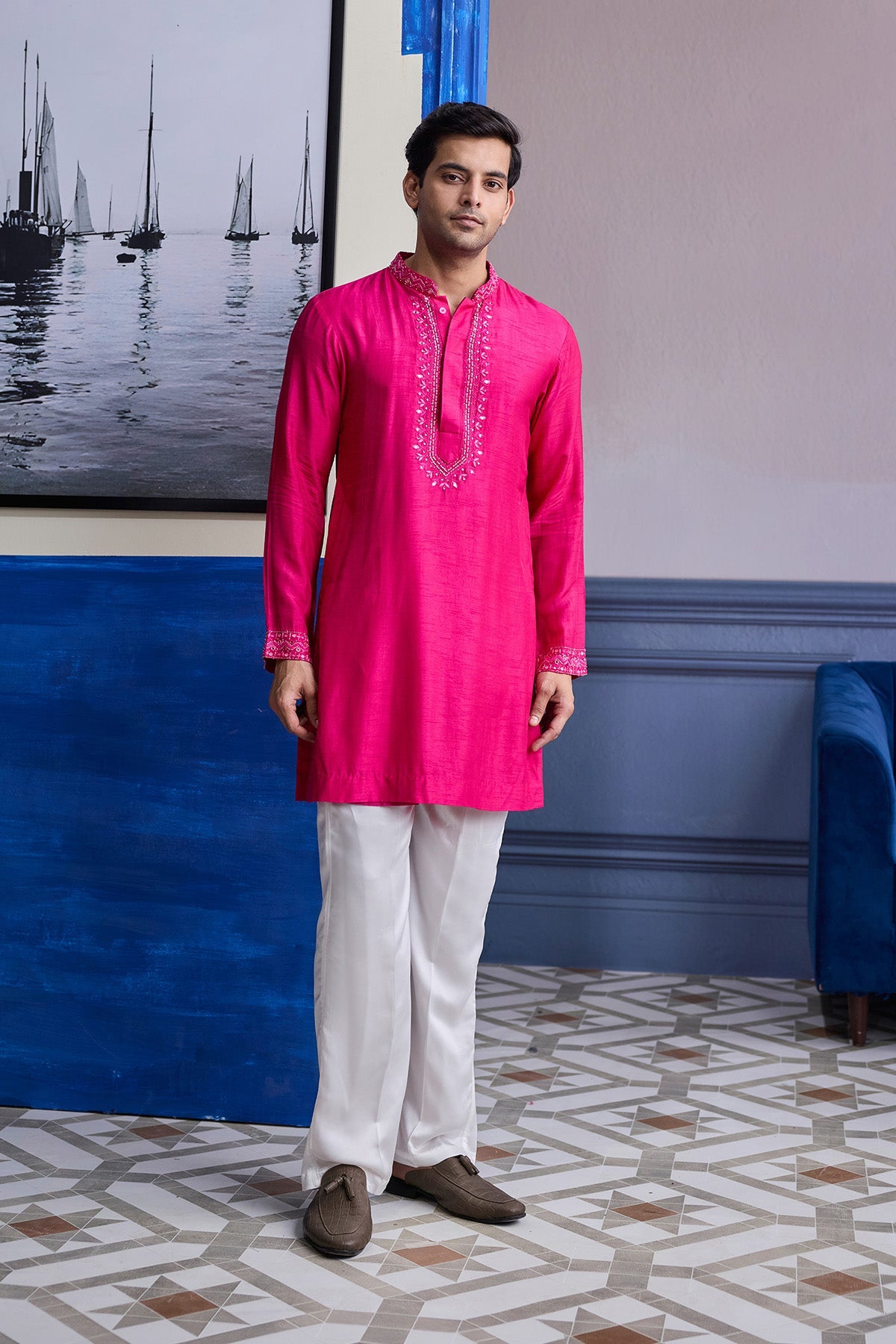 Fuschia Pink Mirror Embroidered & Thread Work Kurta With Pants