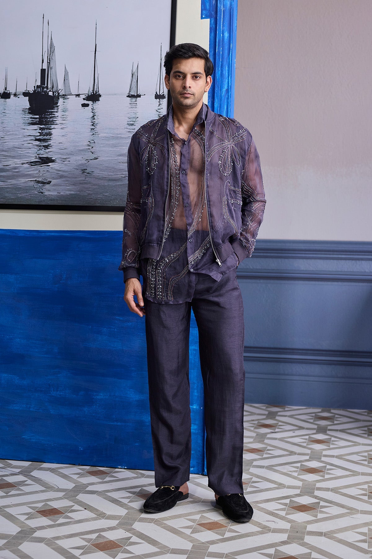 Charcol Grey Organza Shirt With Embroidered Organza Bomber Jacket Paired With Solid Pants