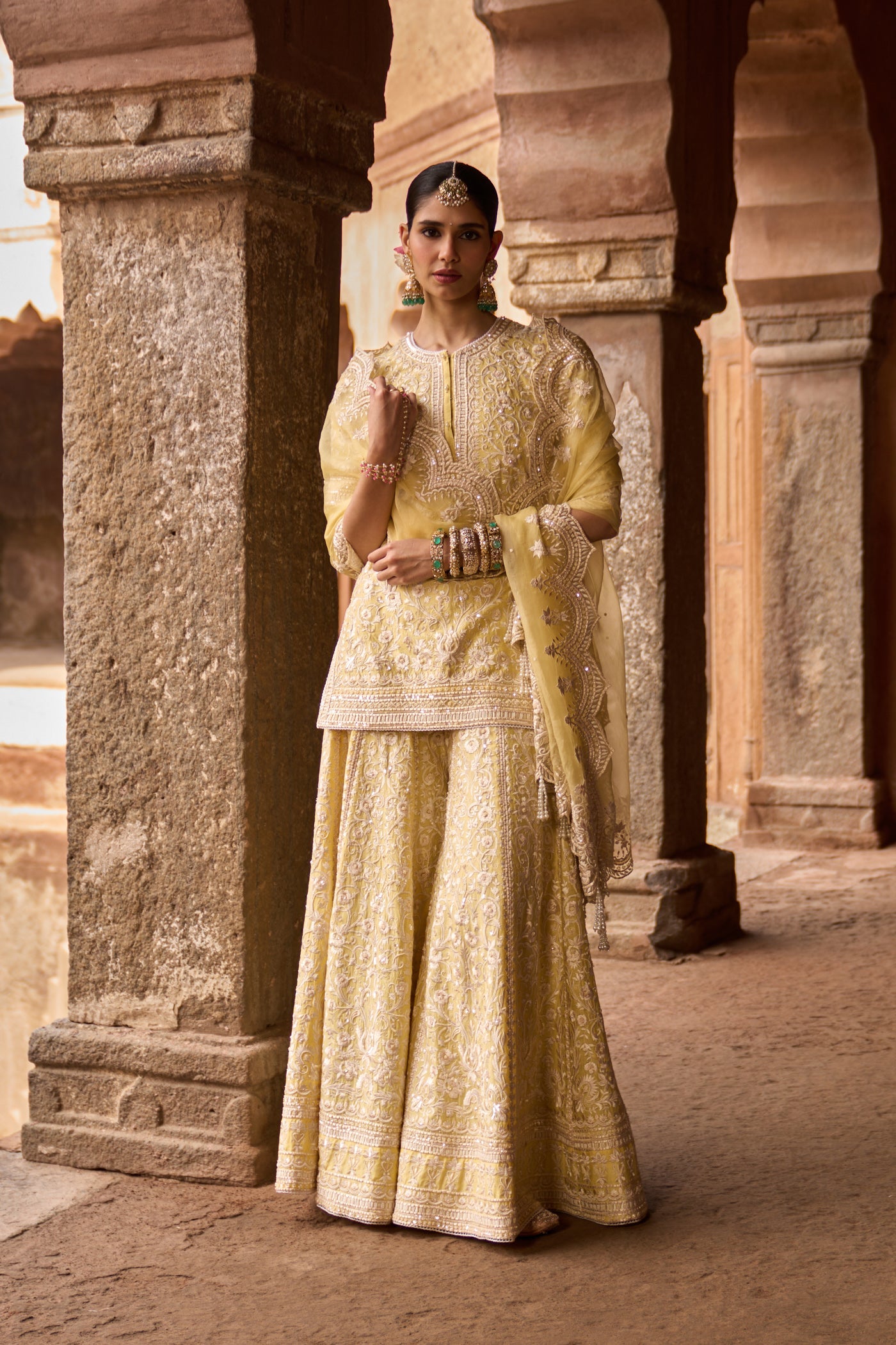 HEER - LEMON YELLOW SHORT KURTA WITH SHARARA AND DUPATTA