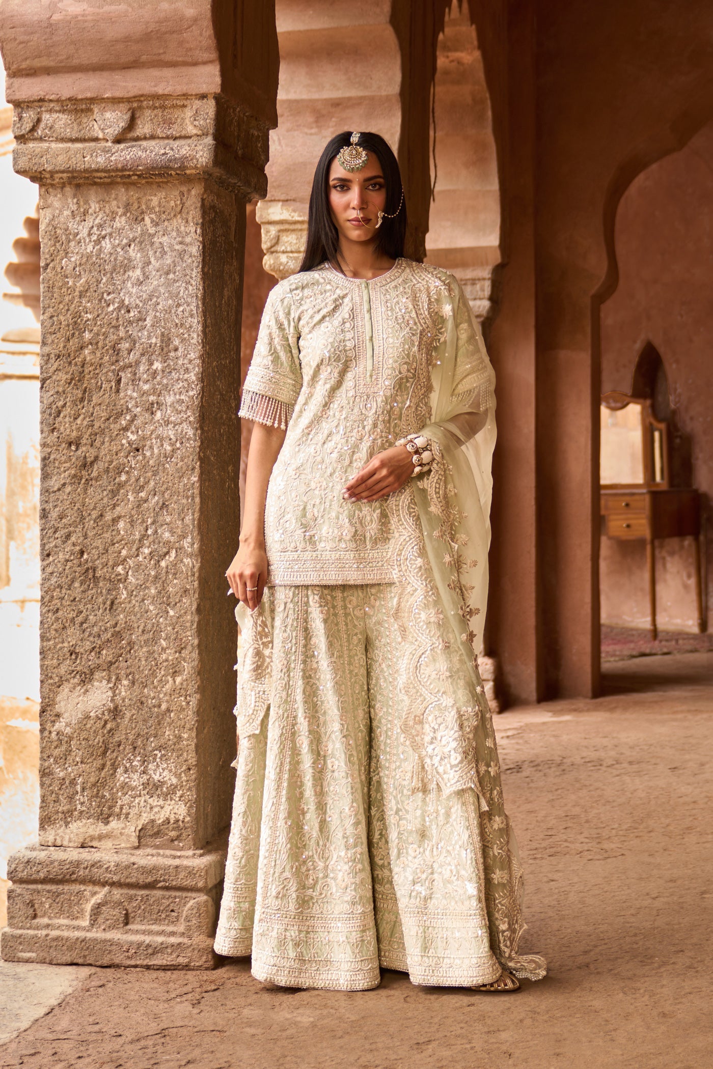 HEER - MINT GREEN SHORT KURTA WITH SHARARA AND DUPATTA