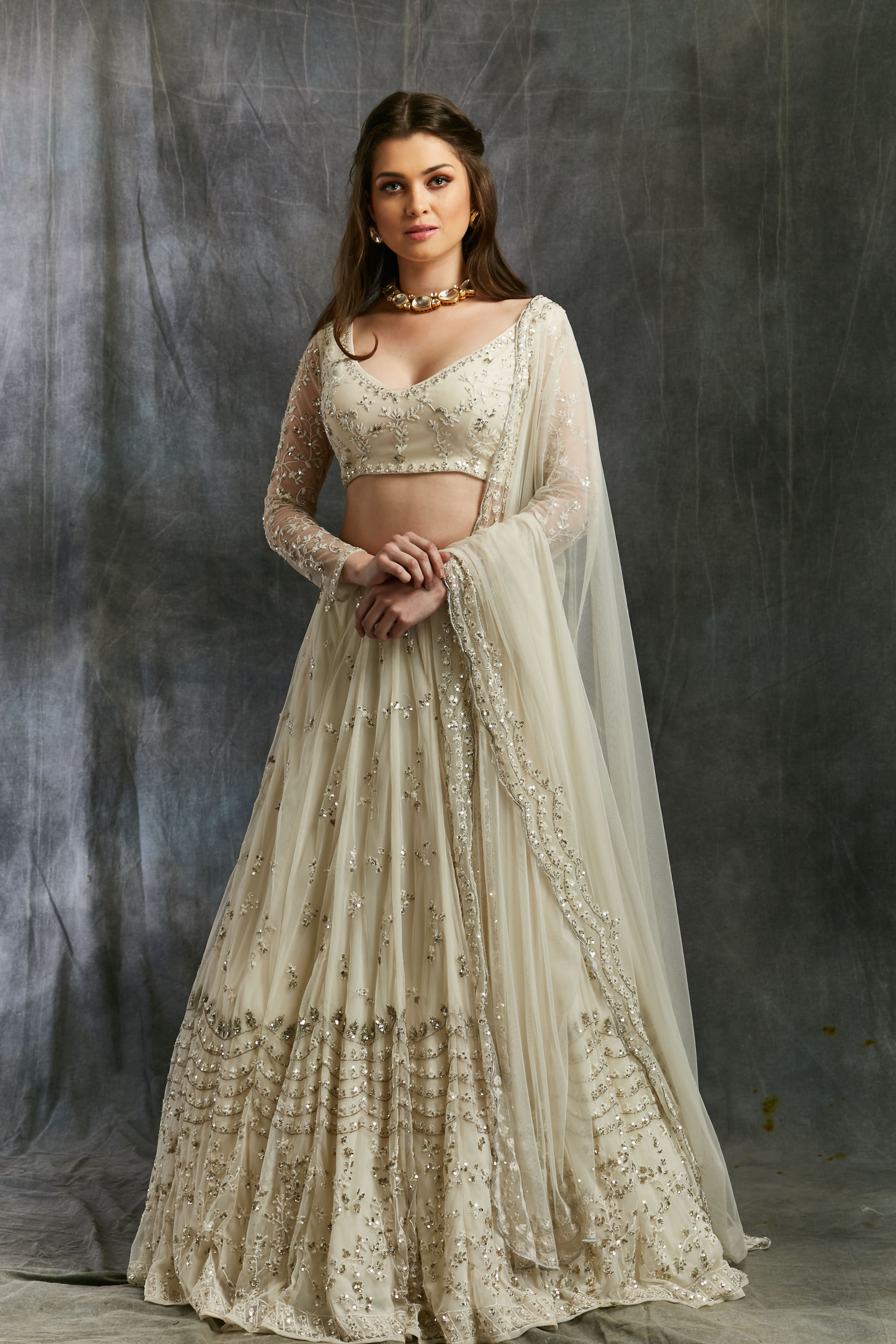 White And Silver Sequin Lehenga