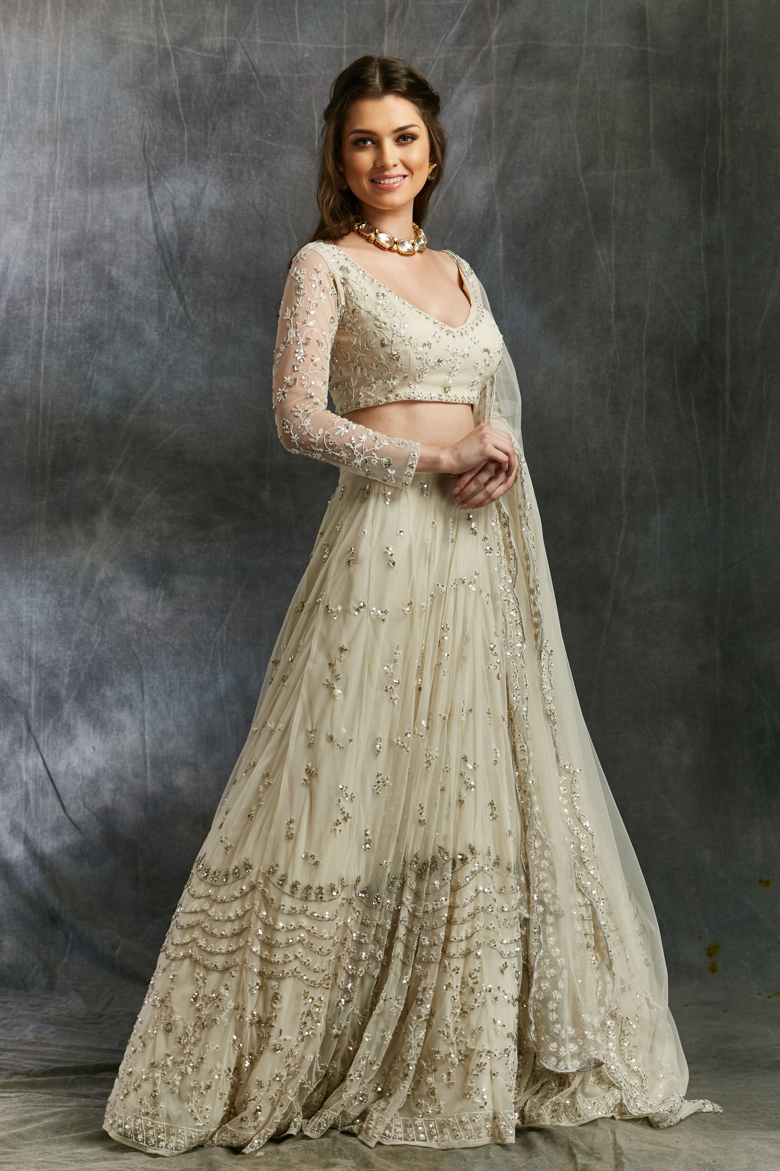 White And Silver Sequin Lehenga