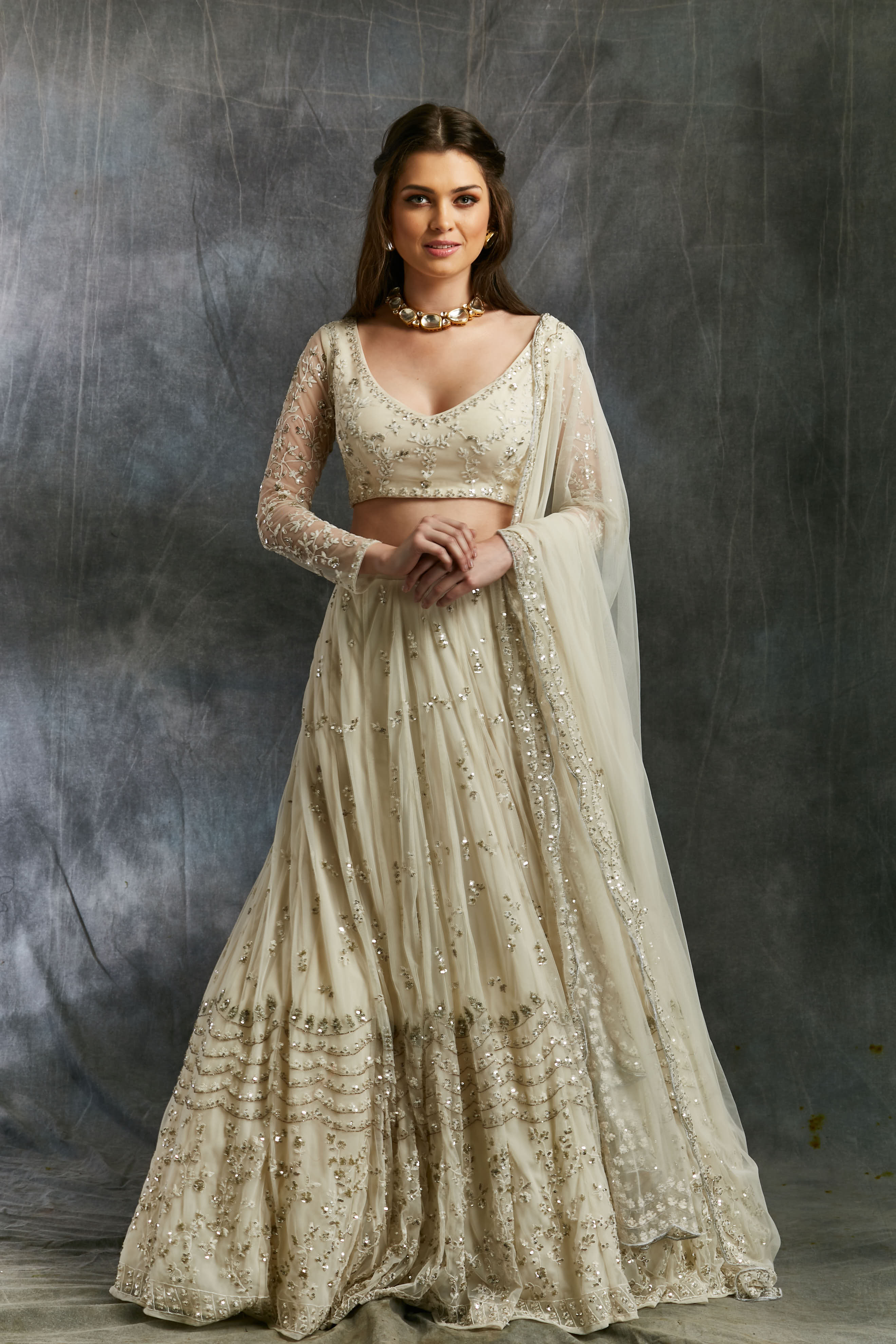 White And Silver Sequin Lehenga