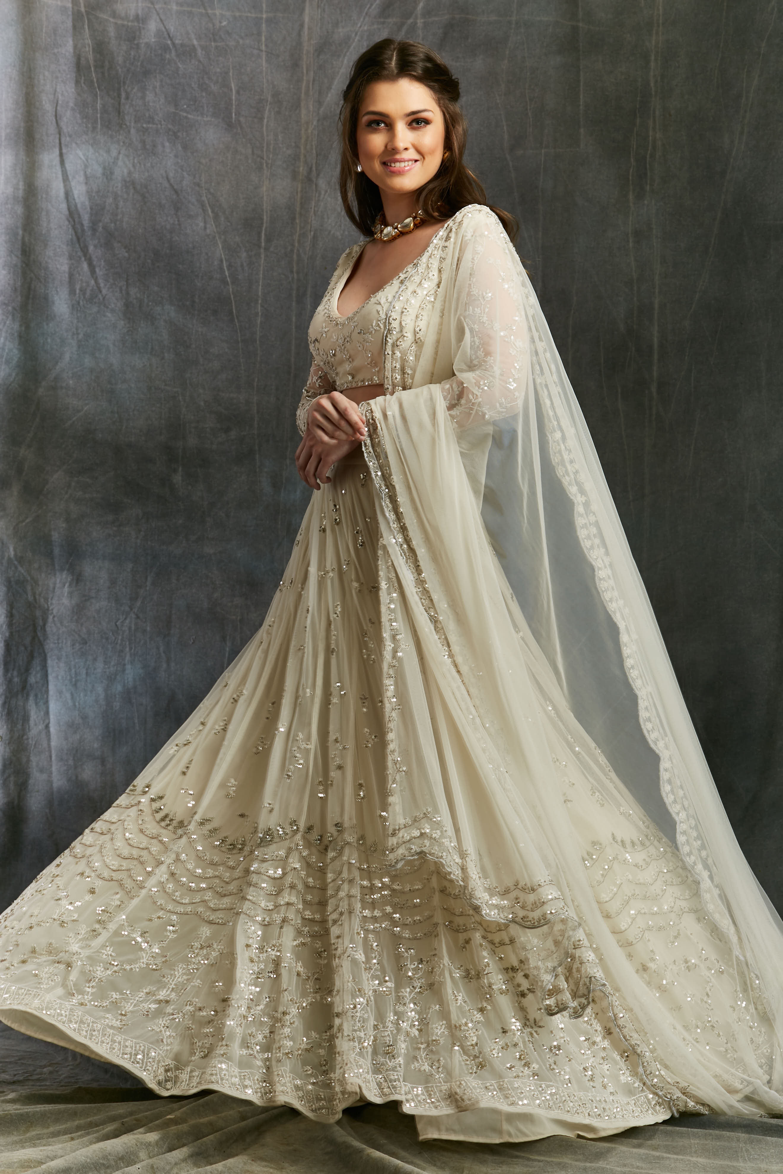 White And Silver Sequin Lehenga