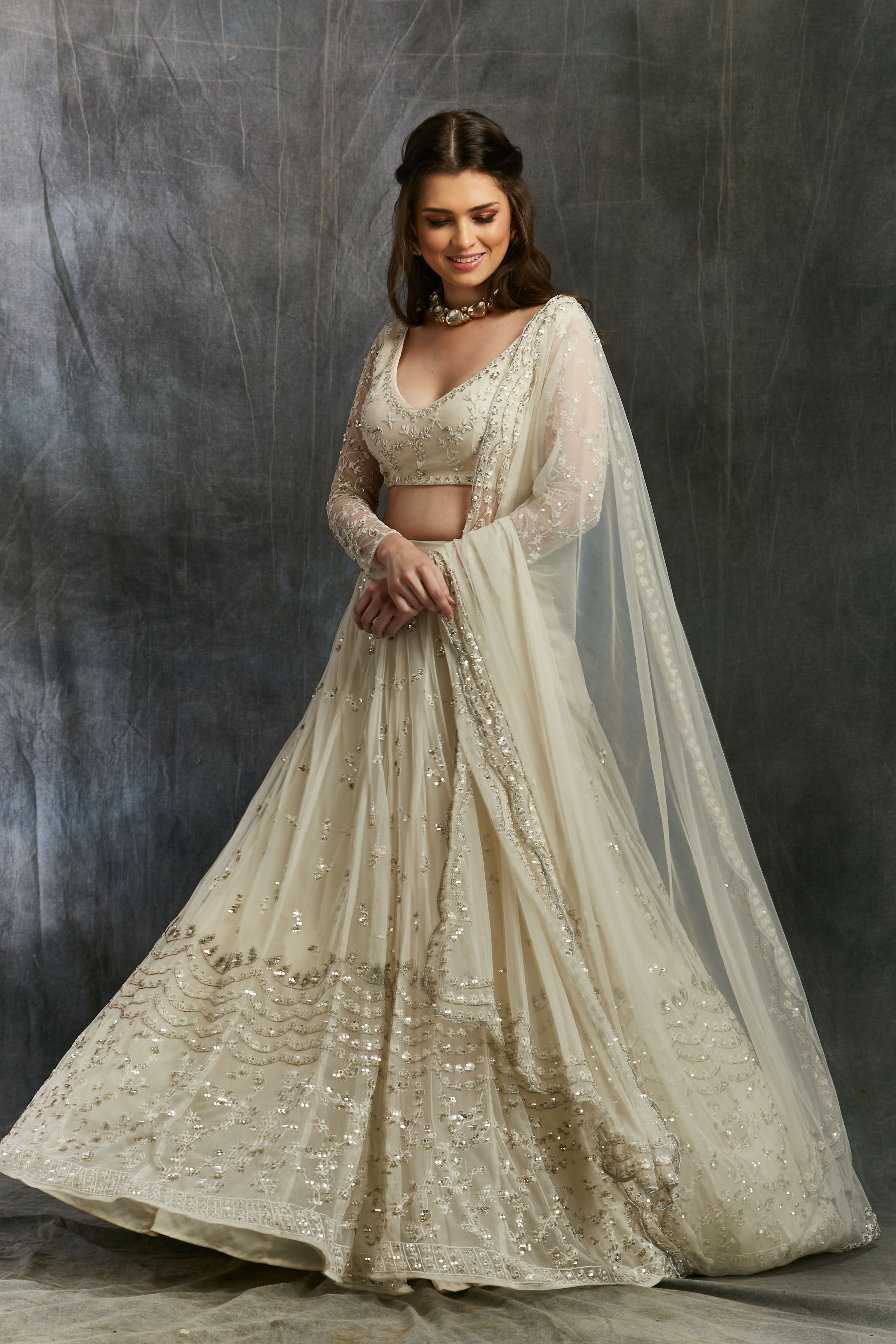 White And Silver Sequin Lehenga