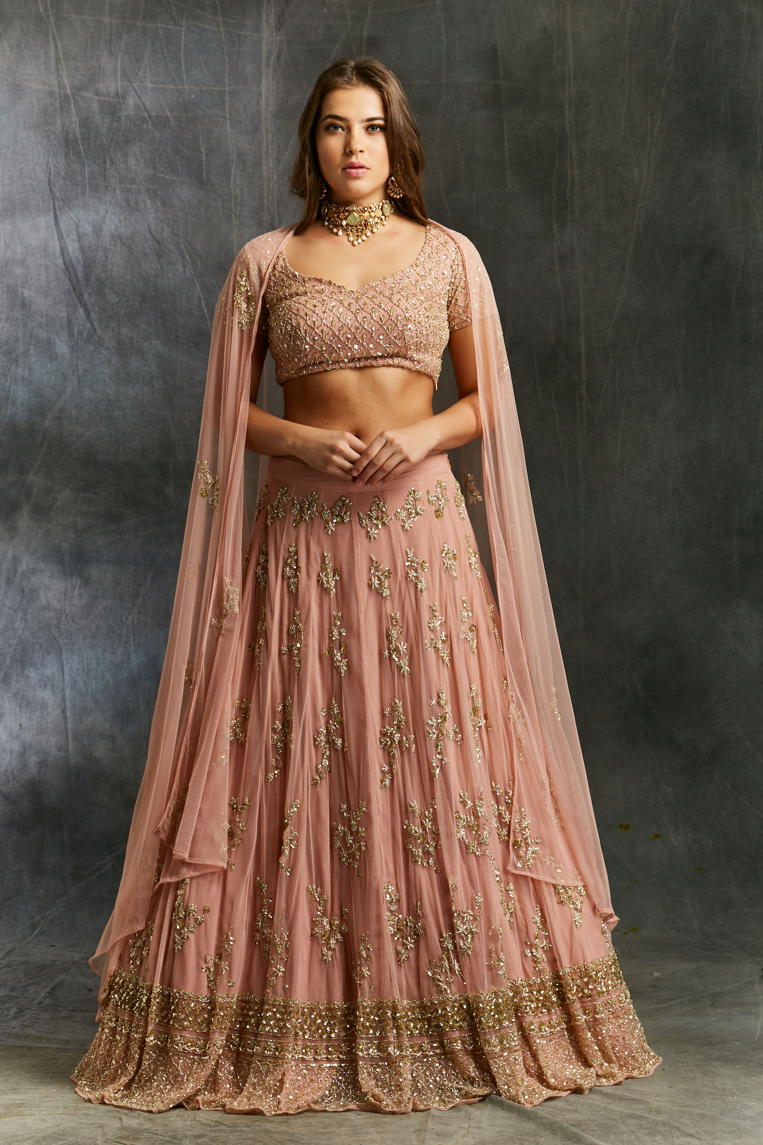 Dusty Pink With Gold Work Lehenga Set