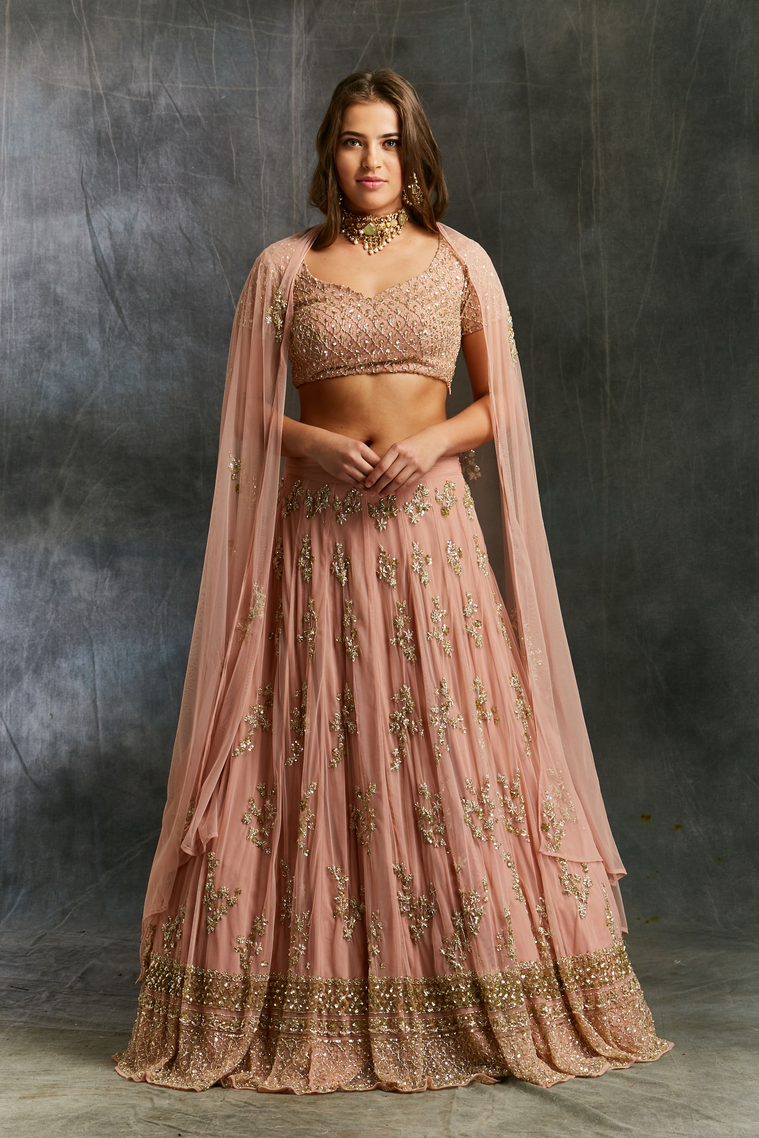 Dusty Pink With Gold Work Lehenga Set