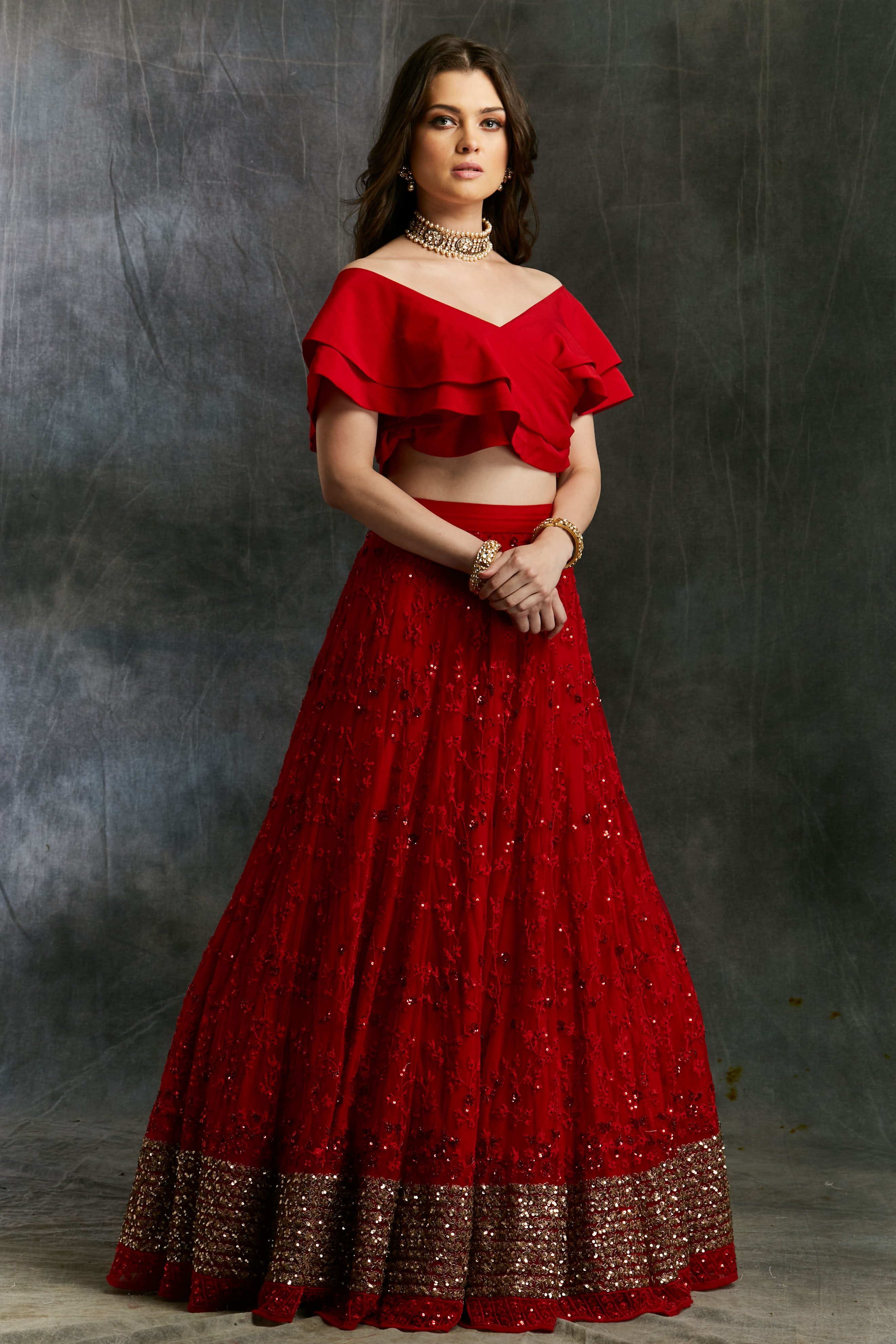 Off Shoulder Crop Top With Red Embroidered Lehenga