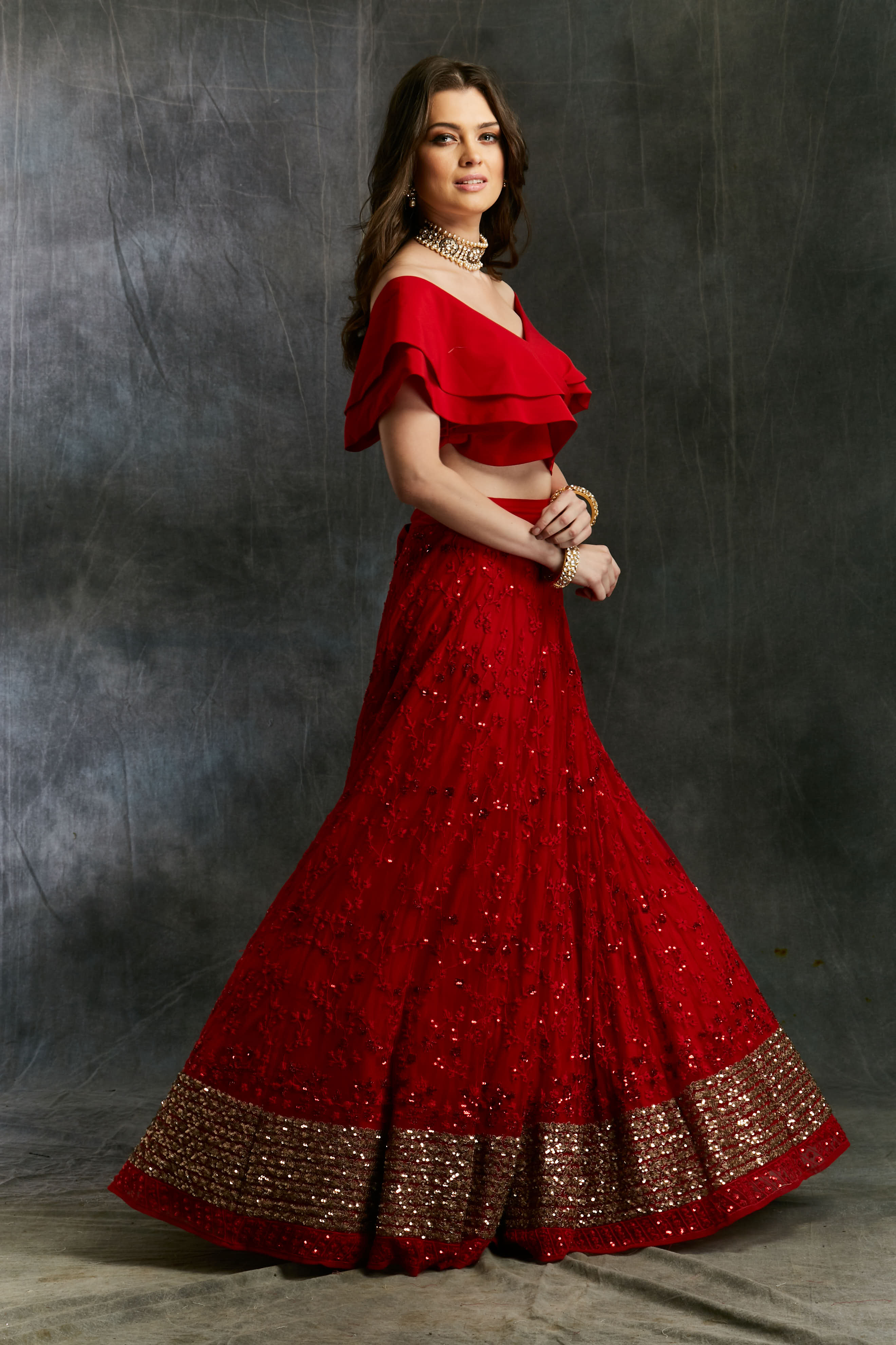 Off Shoulder Crop Top With Red Embroidered Lehenga