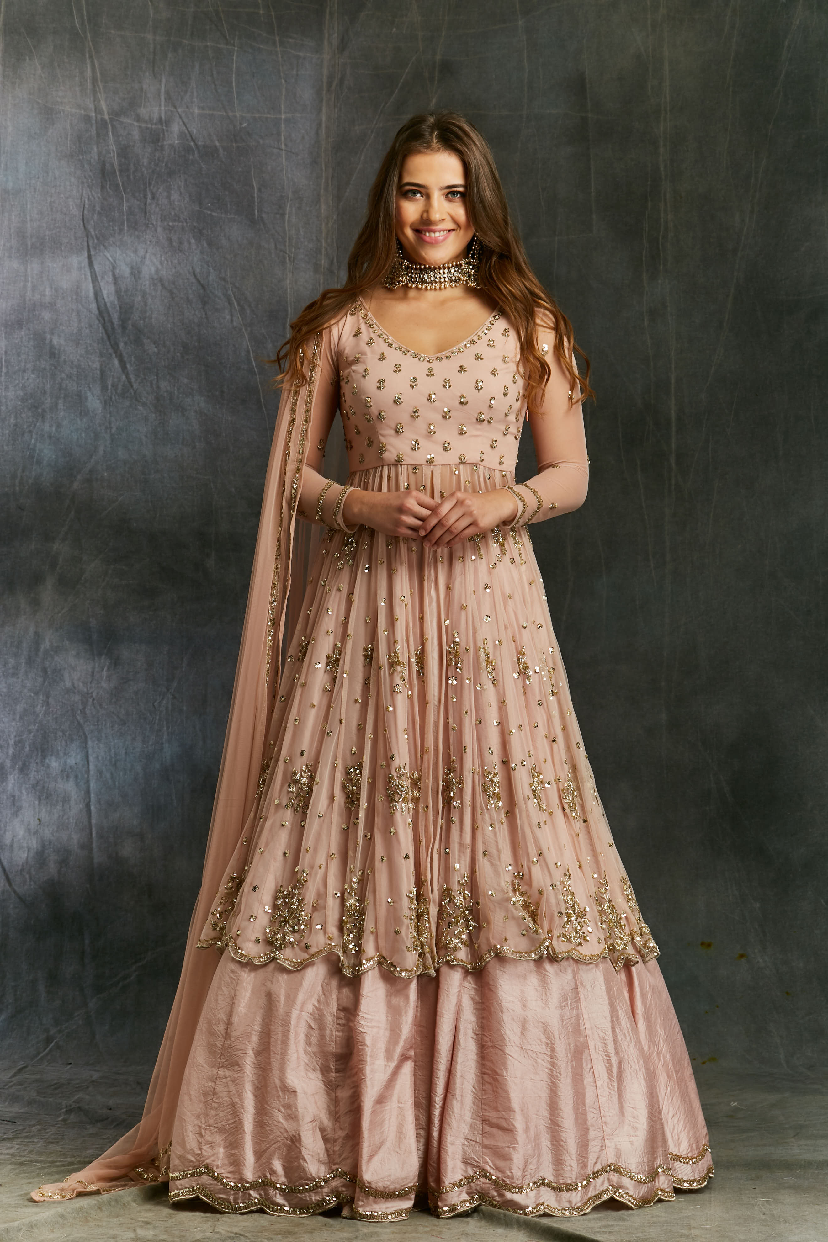 Pink Sequin Net With Pink Silk Skirt