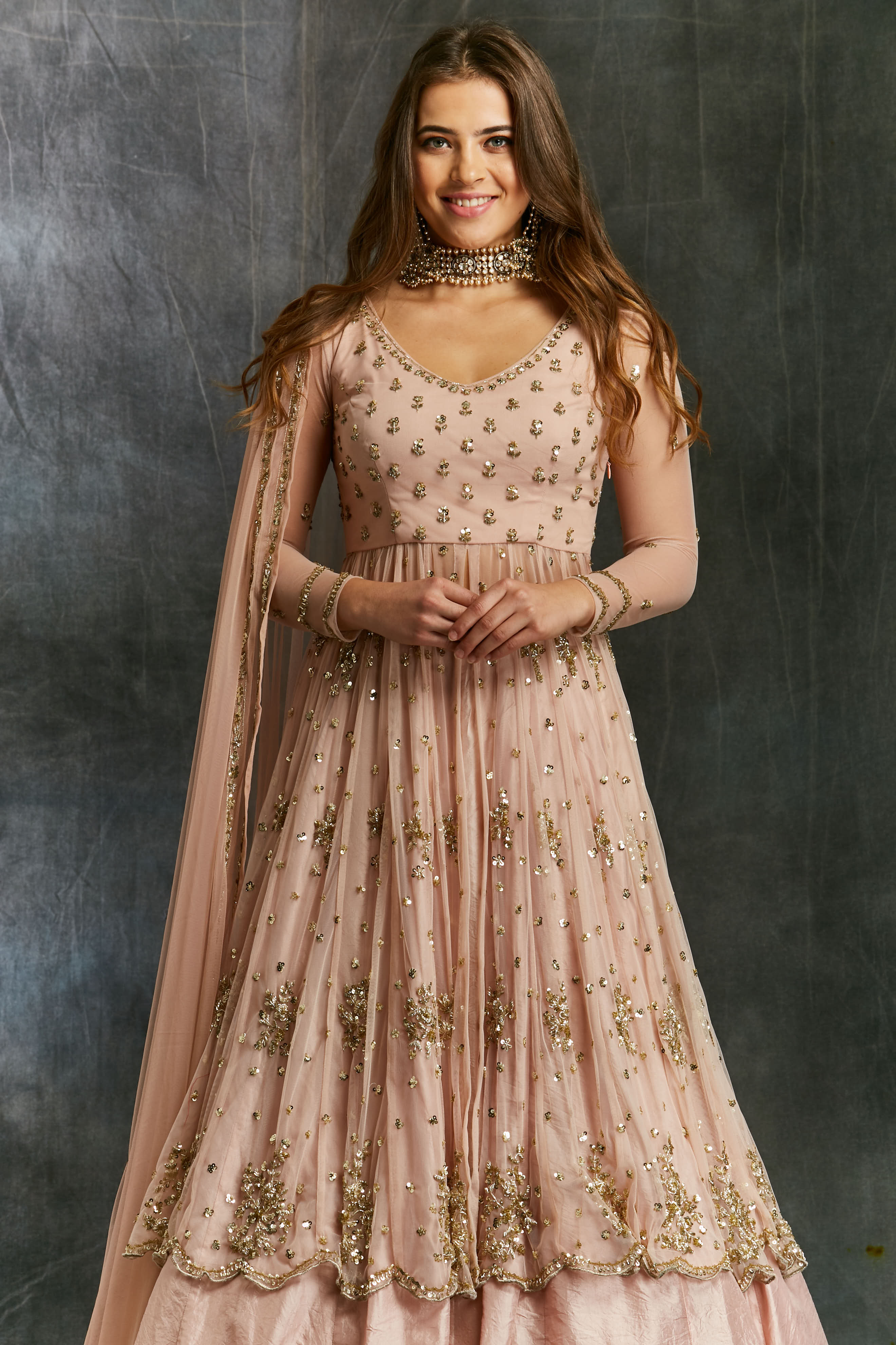 Pink Sequin Net With Pink Silk Skirt